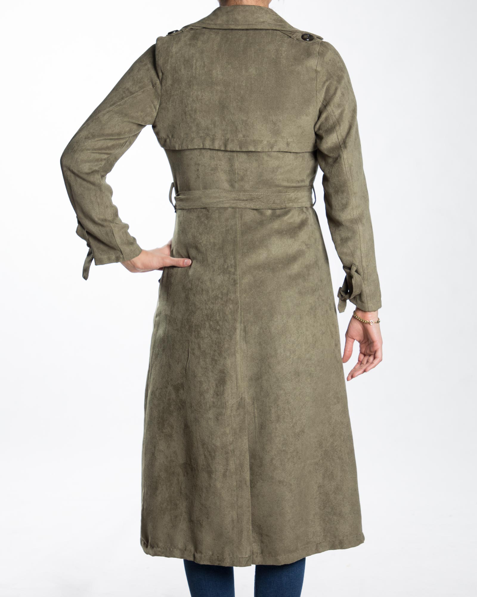 مانتو پاییزه بلند چاک دار یقه انگلیسی جلو باز - زیتونی سیر - پشت مانتو