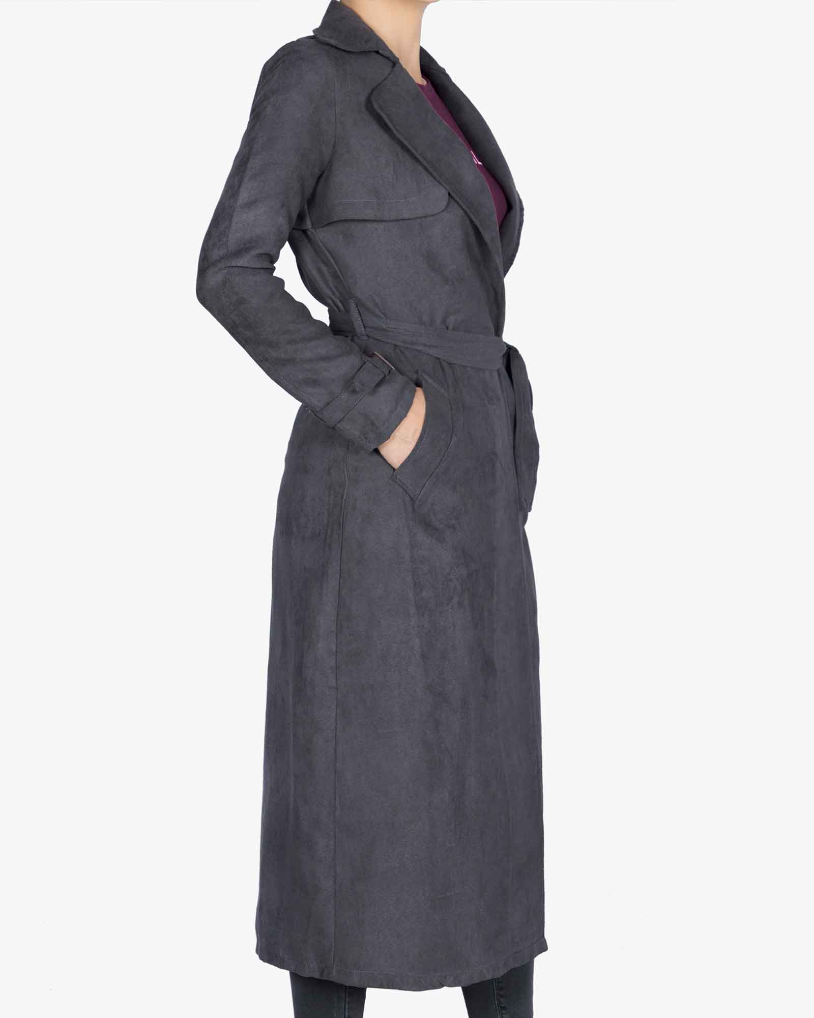 مانتو پاییزه بلند چاک دار یقه انگلیسی جلو باز - سربی تیره - بغل