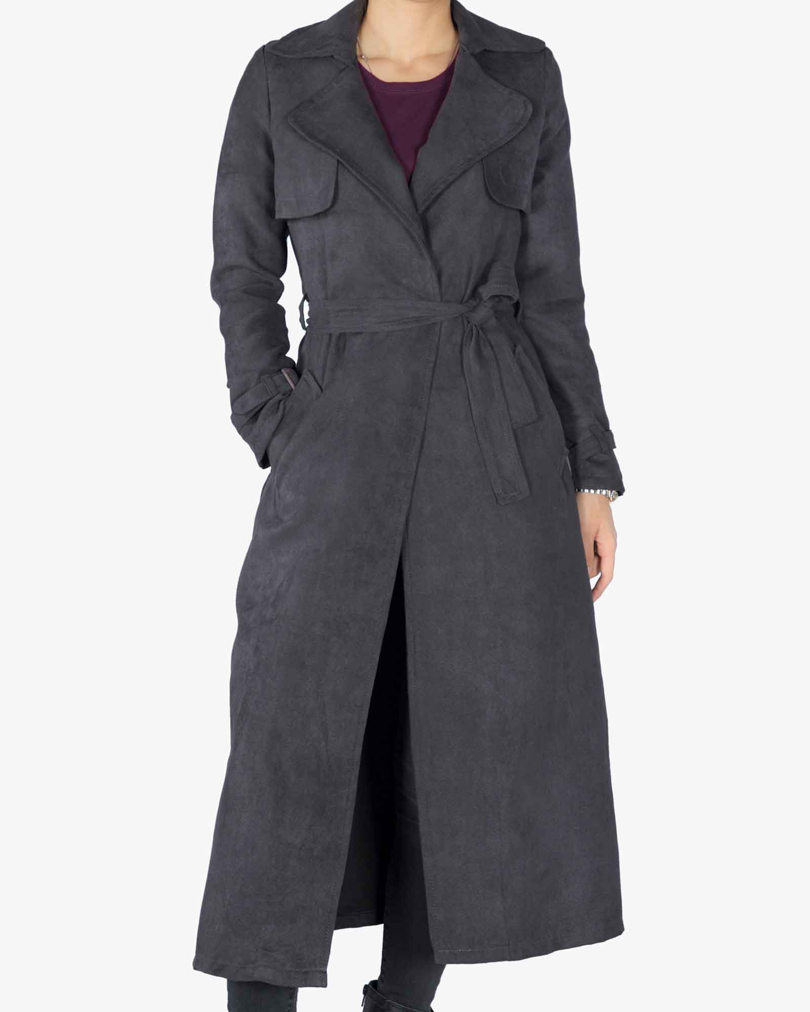 مانتو پاییزه بلند چاک دار یقه انگلیسی جلو باز - سربی تیره - رو به رو