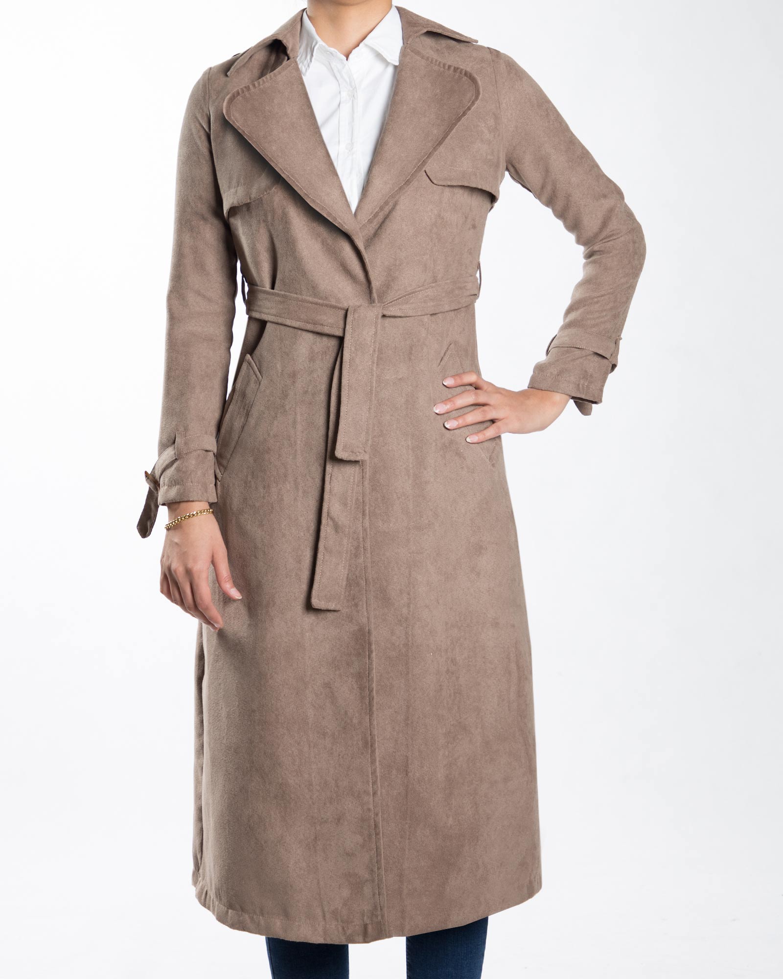 مانتو پاییزه بلند چاک دار یقه انگلیسی جلو باز - قهوه ای روشن - رو مانتو