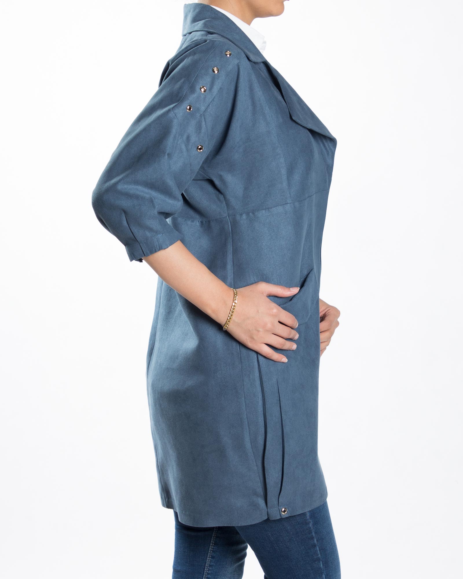 مانتو پاییزه کوتاه یقه انگلیسی جلو باز - آبی - بغل مانتو