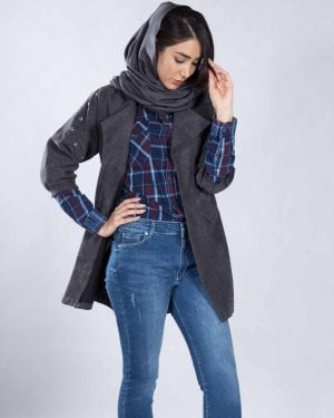 مانتو پاییزه کوتاه یقه انگلیسی جلو باز - دودی - محیطی زنانه