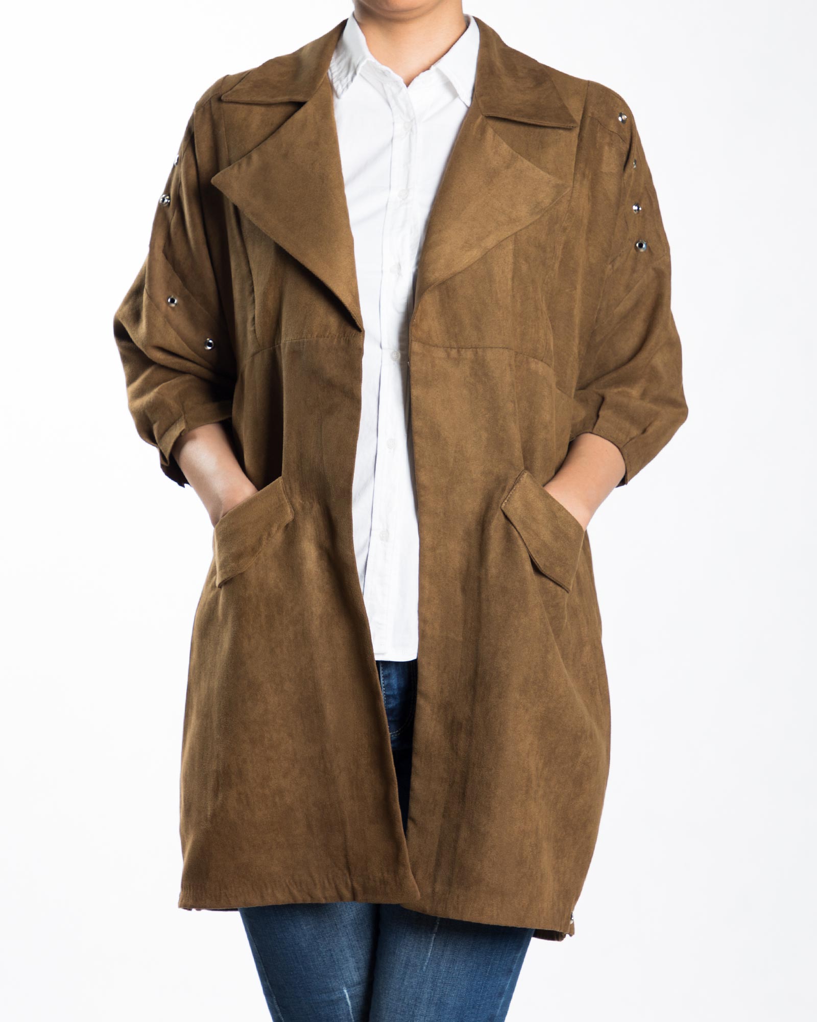 مانتو پاییزه کوتاه یقه انگلیسی جلو باز - زیتونی - مانتو جلو باز