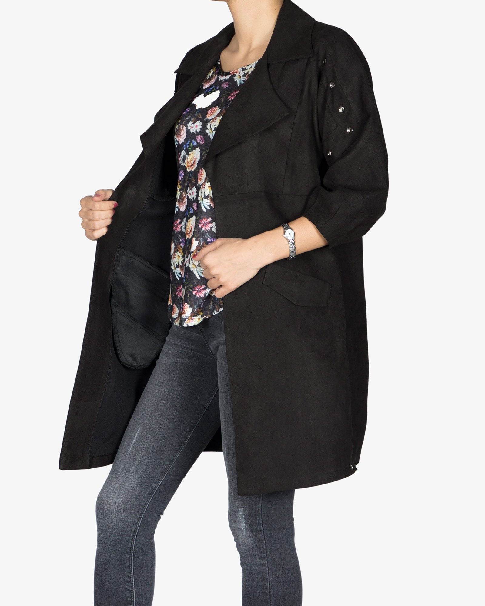 مانتو پاییزه کوتاه یقه انگلیسی جلو باز - مشکی - بغل