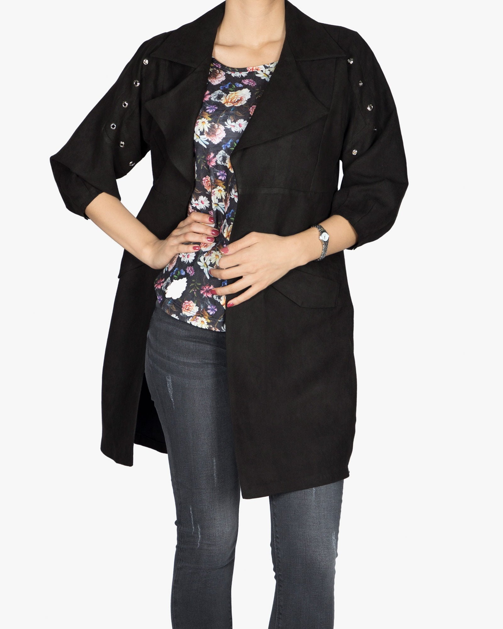 مانتو پاییزه کوتاه یقه انگلیسی جلو باز - مشکی - رو به رو باز