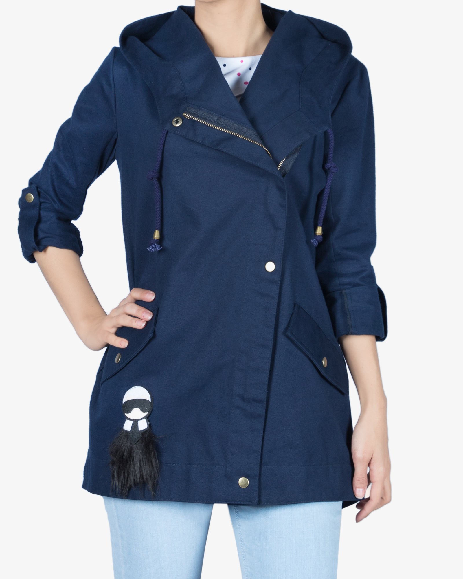 مانتو کوتاه کلاه دار پاییزه - سرمه ای - رو به رو