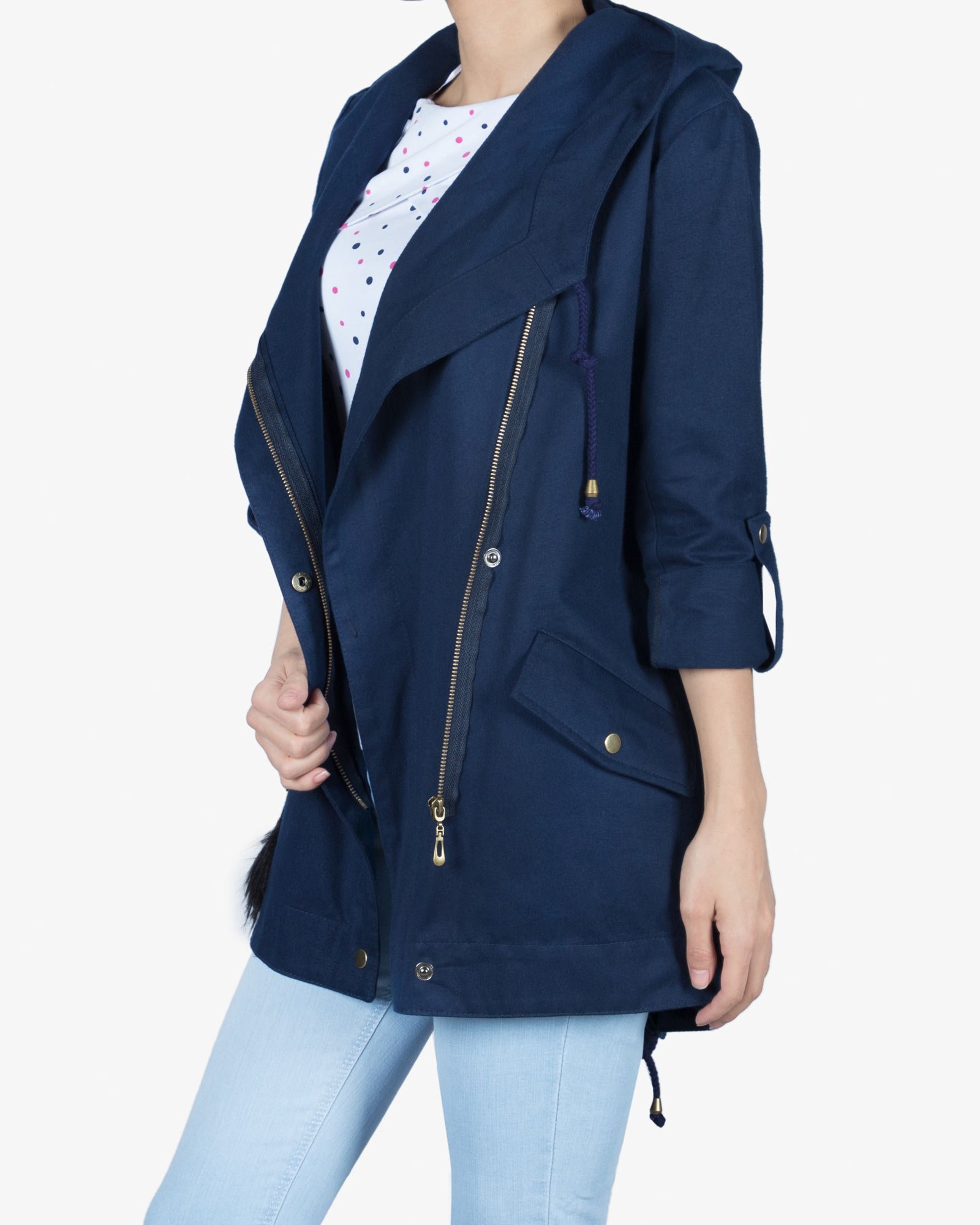 مانتو کوتاه کلاه دار پاییزه - سرمه ای - سه رخ