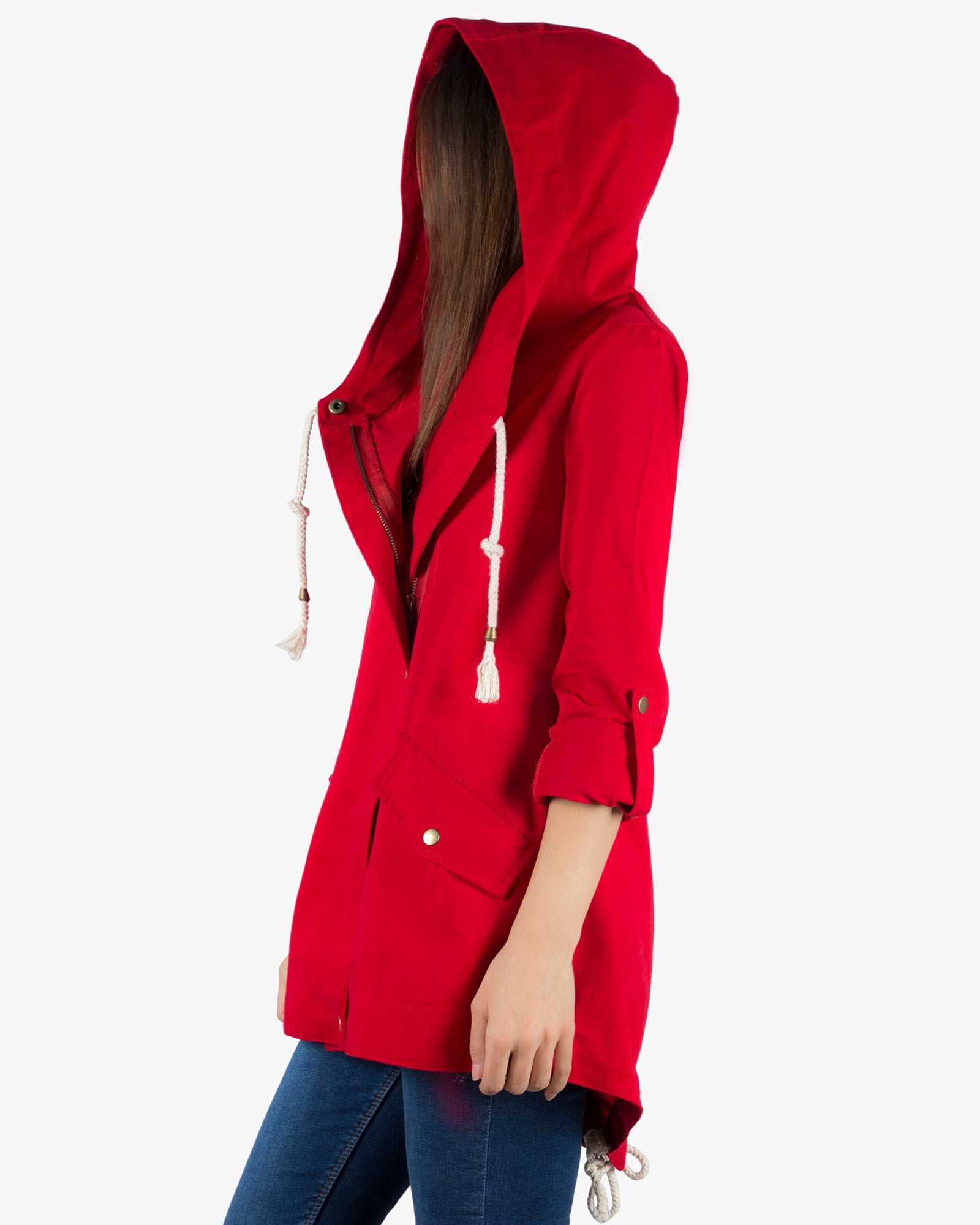 مانتو کوتاه کلاه دار پاییزه - قرمز - بغل