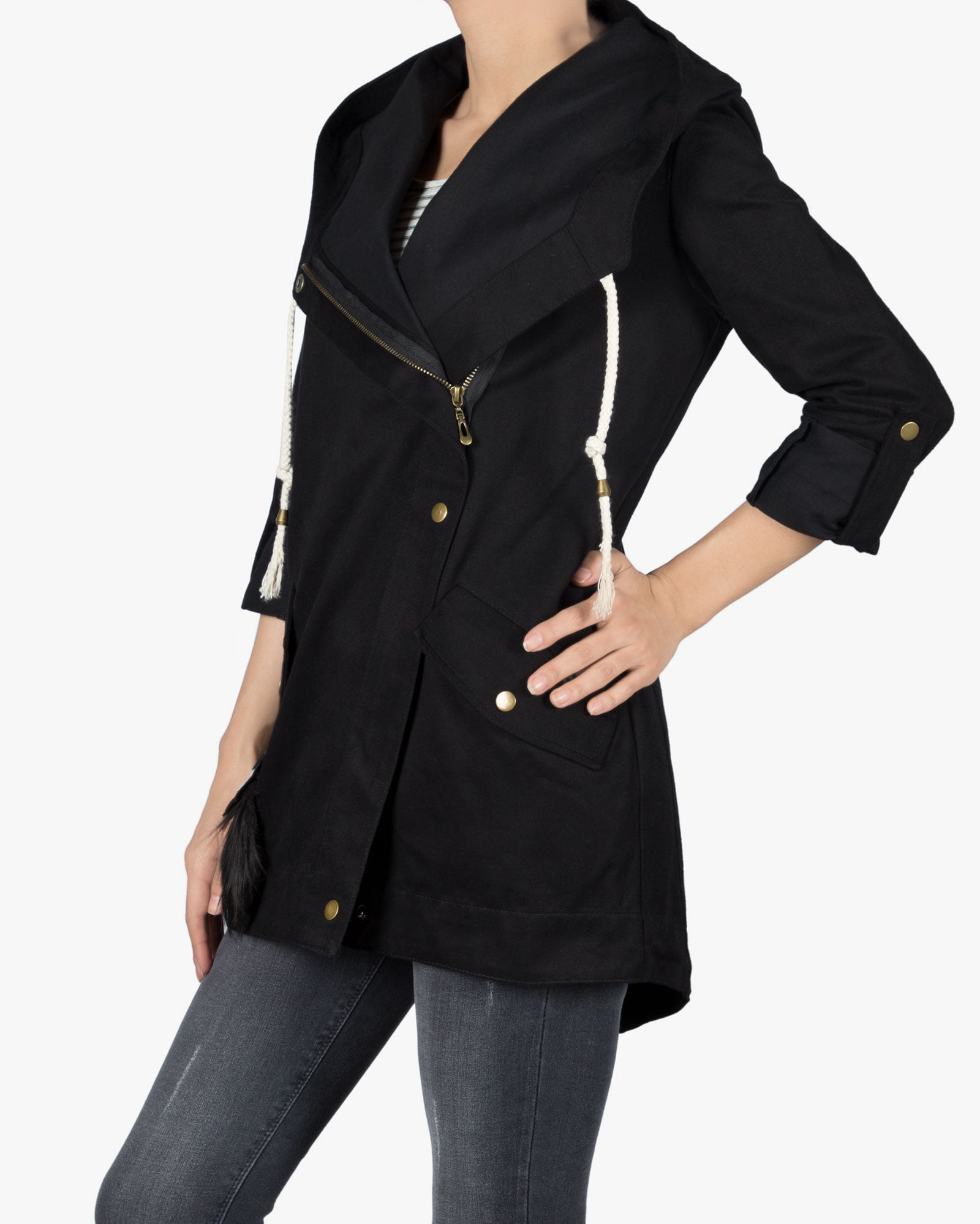 مانتو کوتاه کلاه دار پاییزه - مشکی - سه رخ