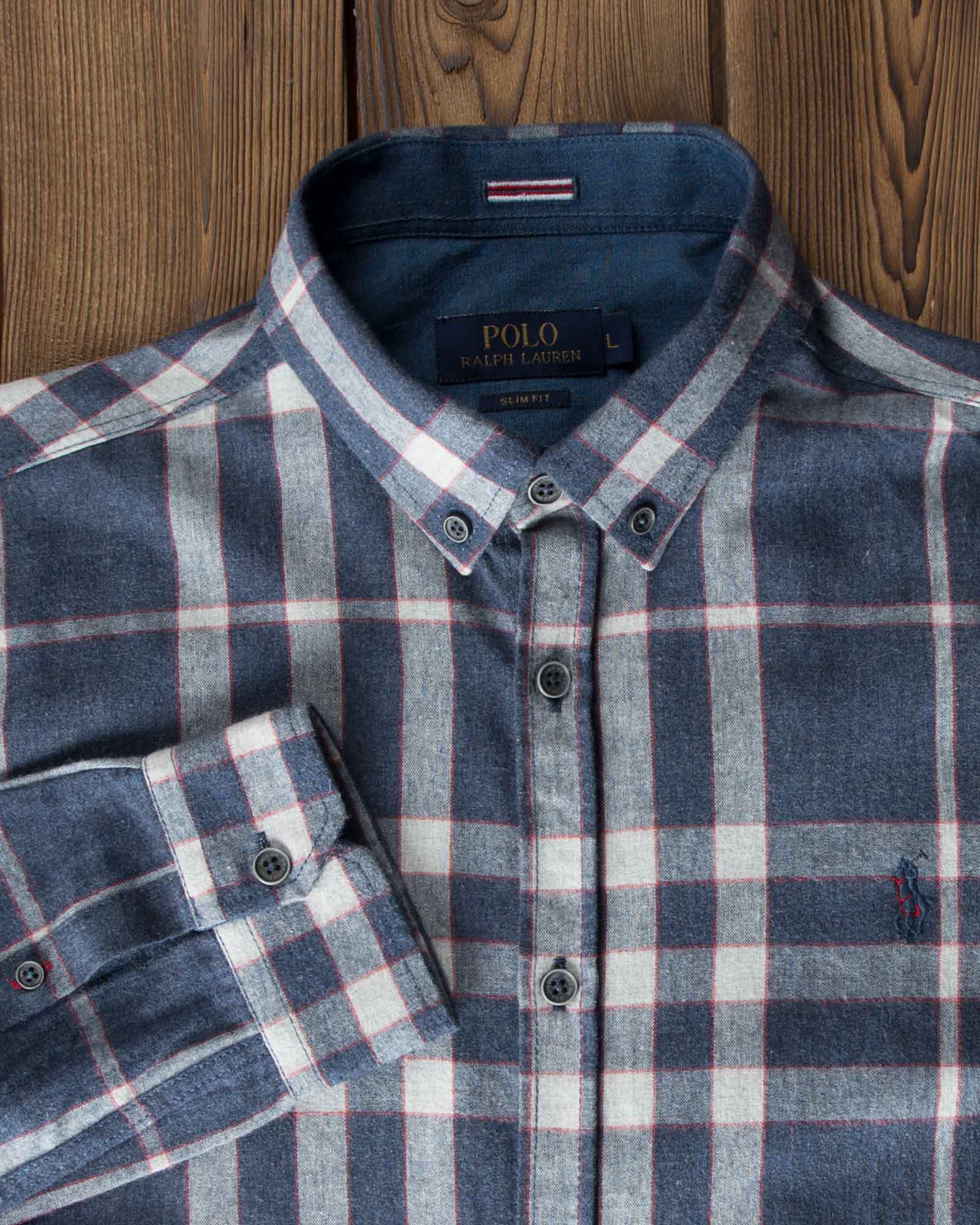 پیراهن پشمی چهارخانه مردانه - آبی نفتی - یقه مردانه