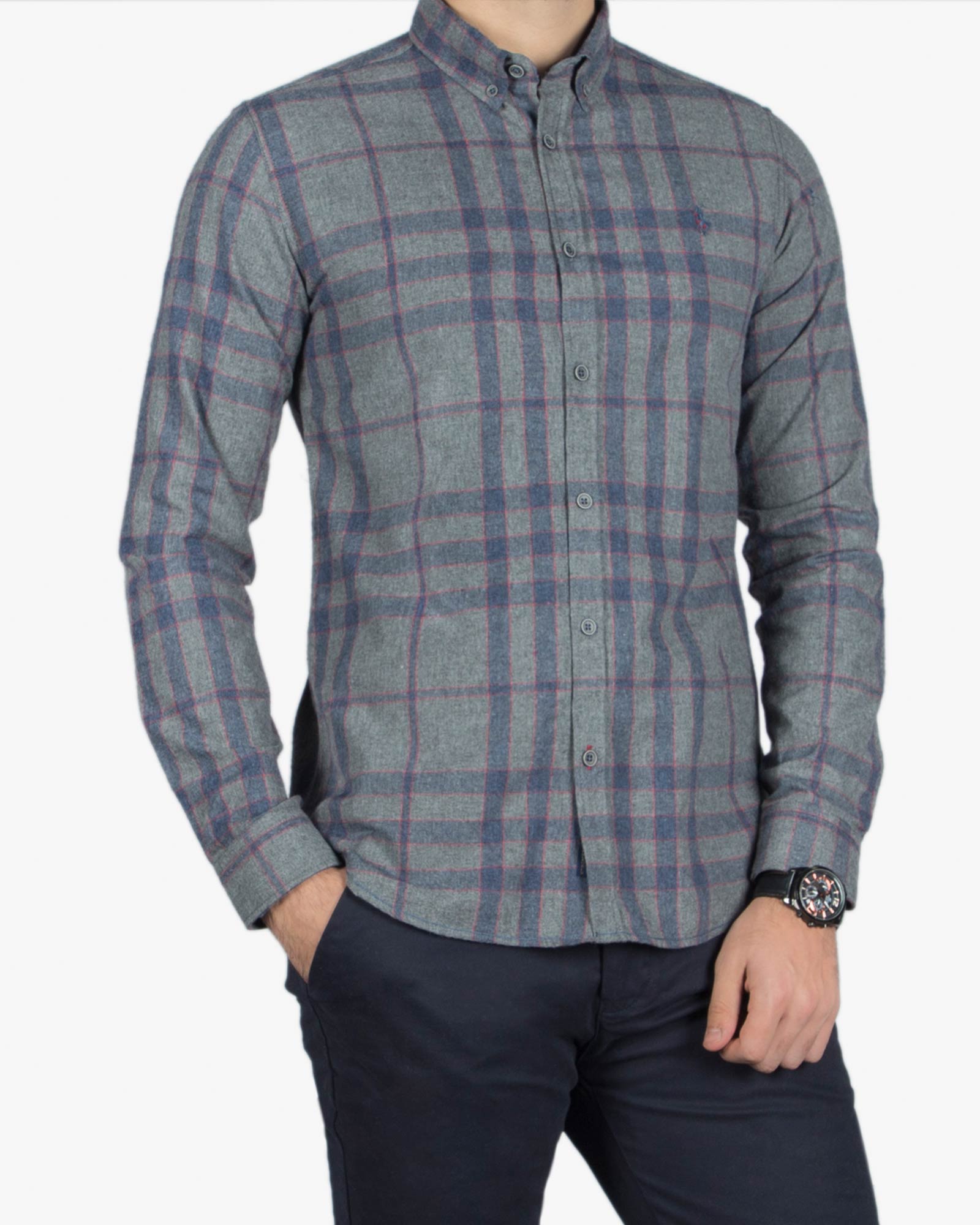 پیراهن پشمی چهارخانه مردانه - خاکستری - رو به رو