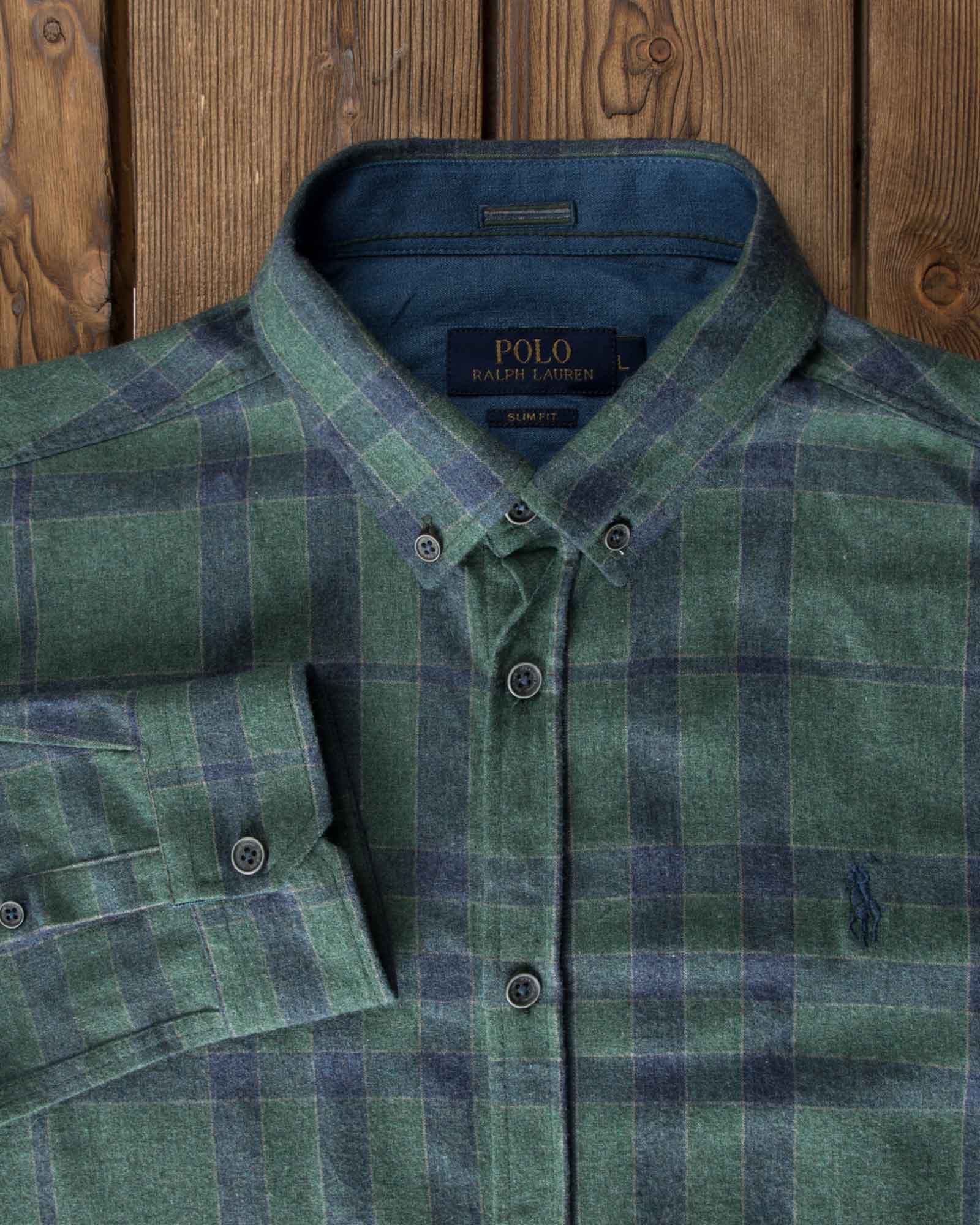 پیراهن پشمی چهارخانه مردانه - زیتونی سیر - یقه مردانه