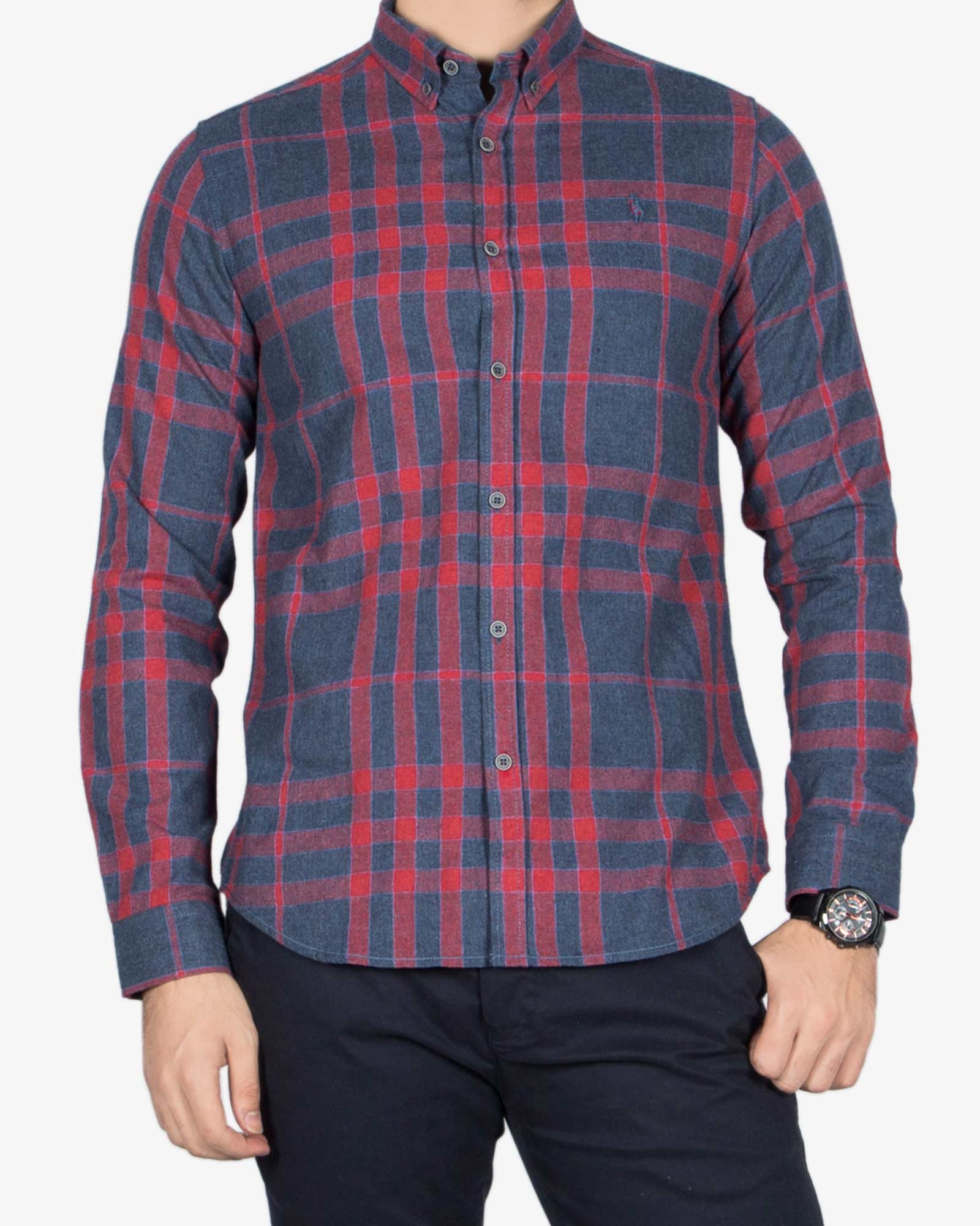 پیراهن پشمی چهارخانه مردانه - قرمز - رو به رو