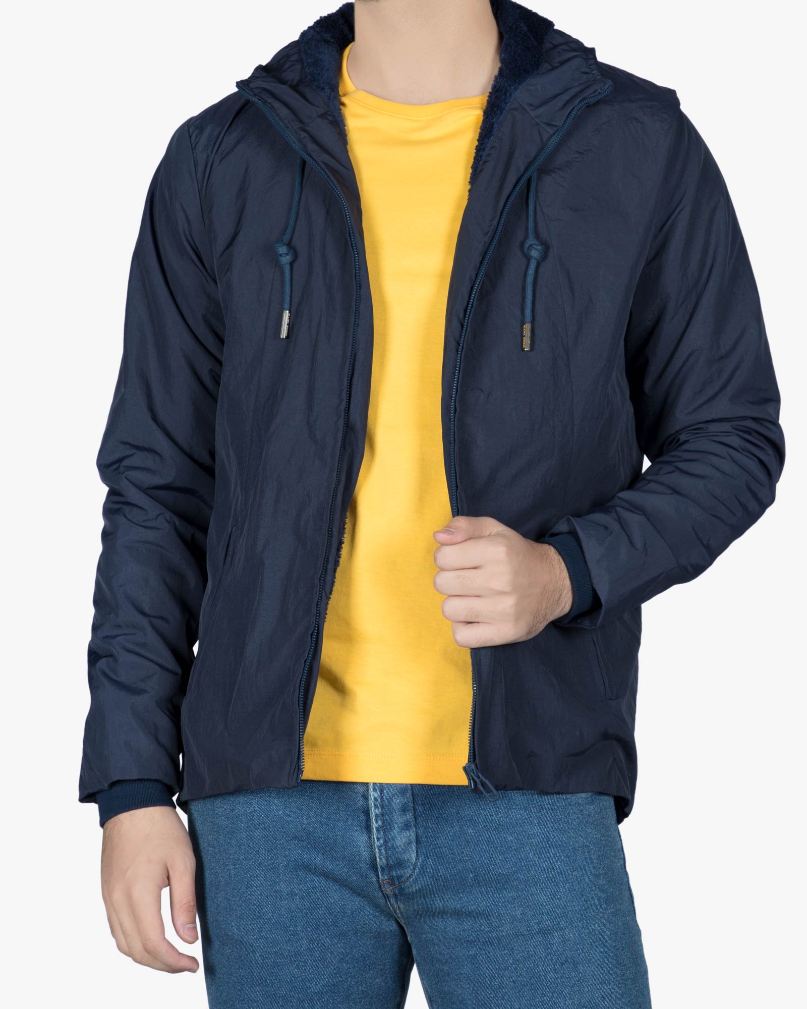 کاپشن شمعی مردانه کلاه دار - سرمه ای - رو به رو باز