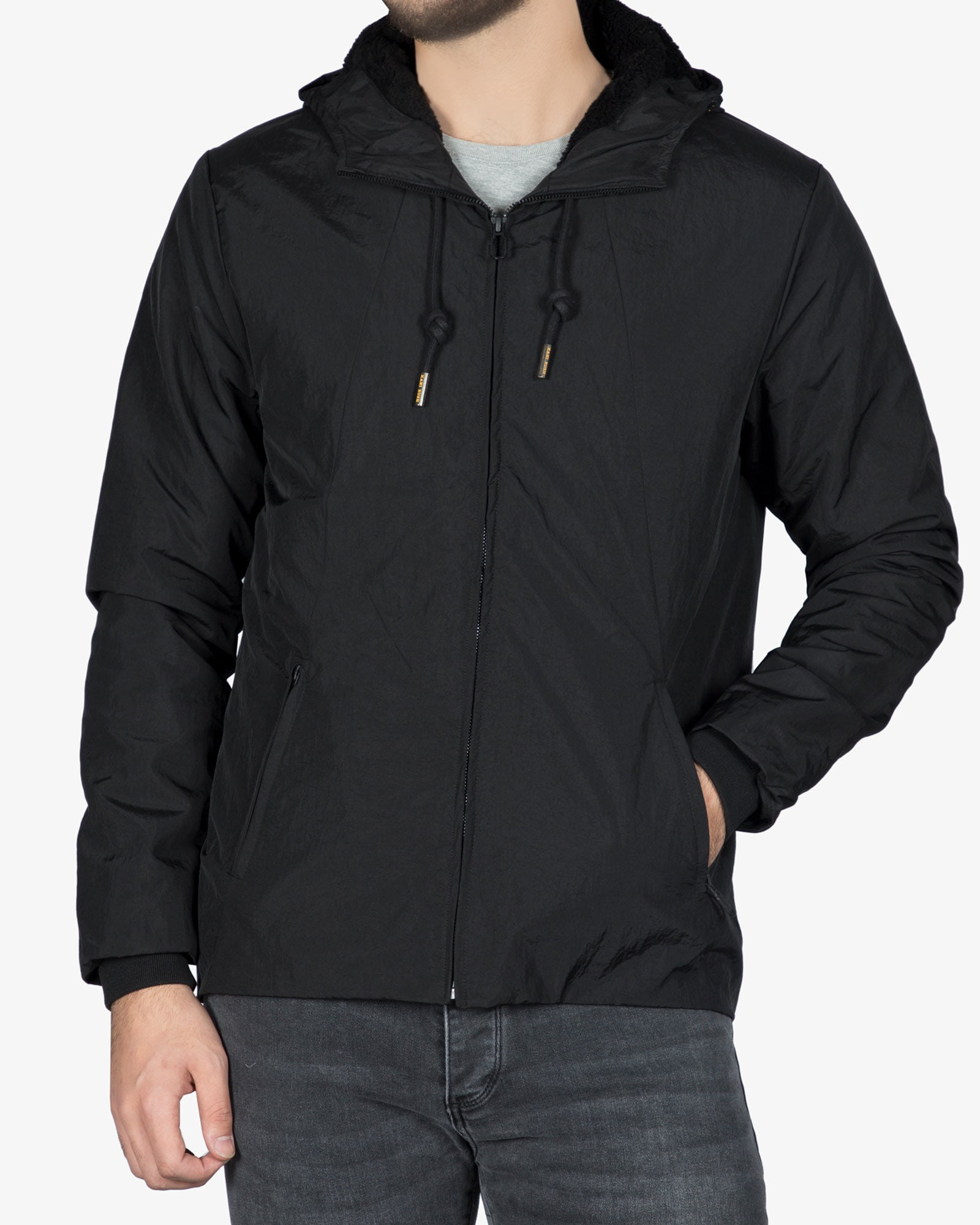 کاپشن شمعی مردانه کلاه دار - مشکی - رو به رو