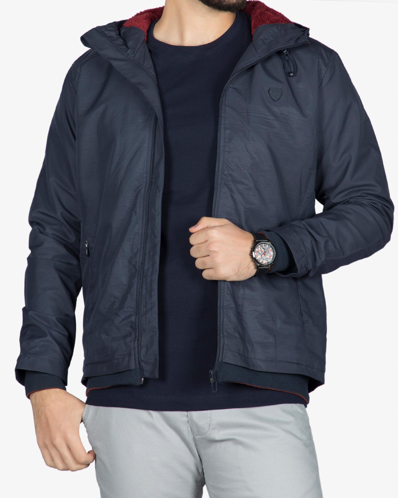 کاپشن مردانه کلاه دار پاییزی - سرمه ای - رو به رو باز