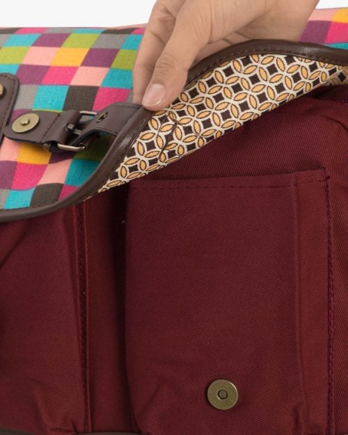 کیف دوشی زنانه کتان طرح مربع قرمز - عنابی - جیب