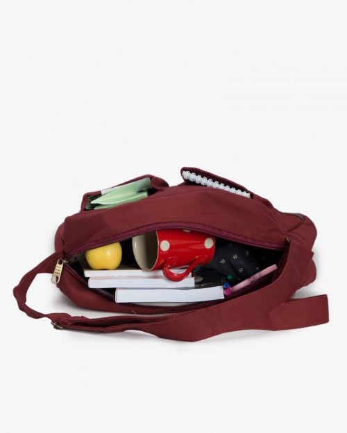 کیف دوشی زنانه کتان طرح مربع قرمز - عنابی - داخل کیف