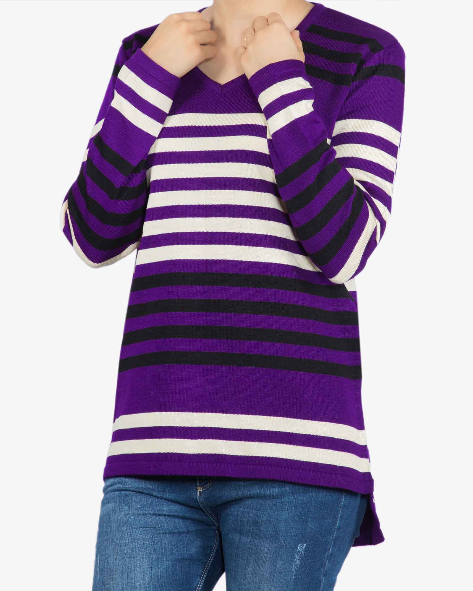 بلوز بافت راه راه زنانه یقه هفت - بنفش - رو به رو