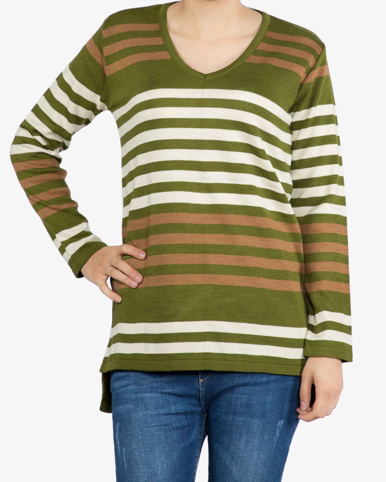 بلوز بافت راه راه زنانه یقه هفت - راه راه سبز، قهوه ای روشن، سفید