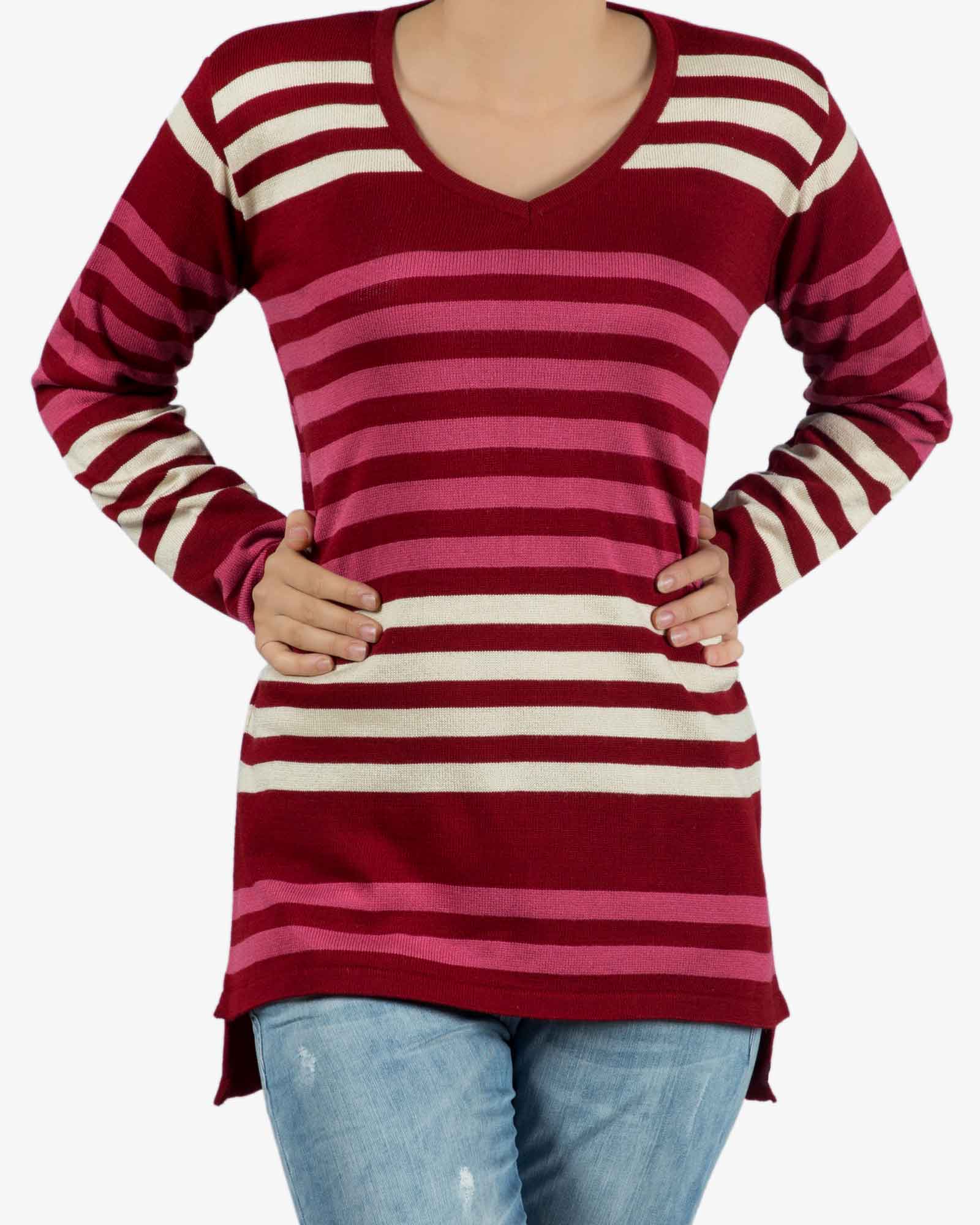 بلوز بافت راه راه زنانه یقه هفت - شرابی - رو به رو