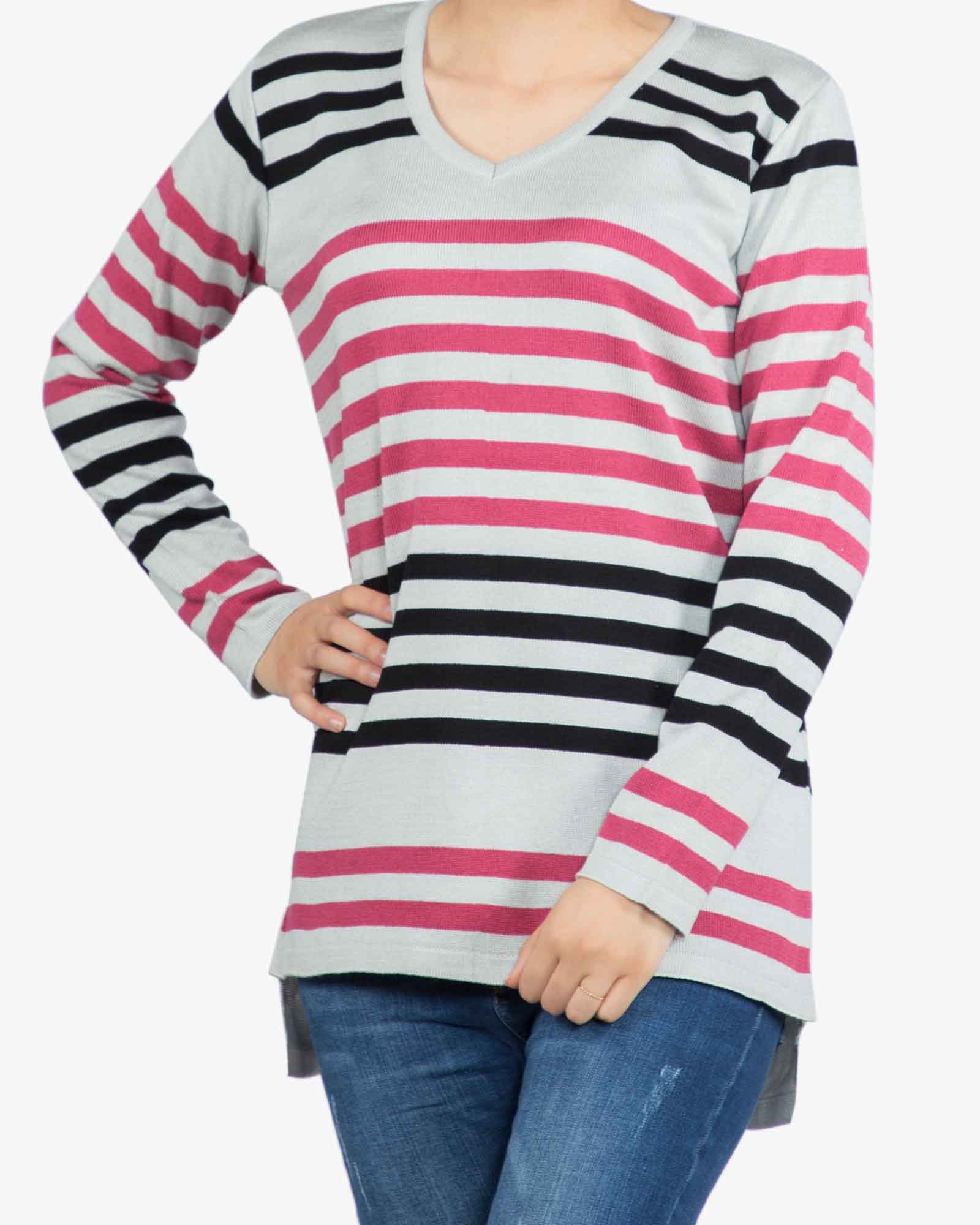 بلوز بافت راه راه زنانه یقه هفت - طوسی کمرنگ - رو به رو