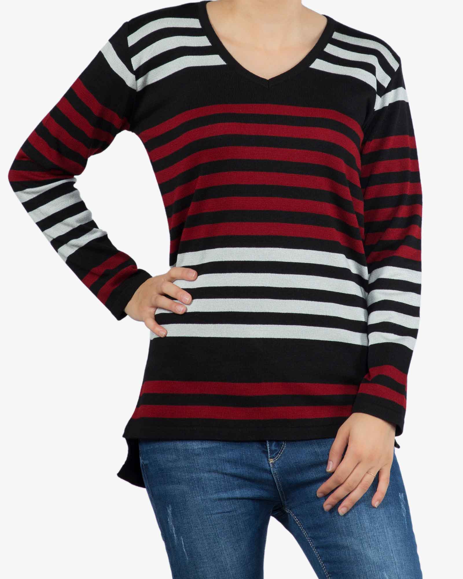 بلوز بافت راه راه زنانه یقه هفت - راه راه مشکی، قرمز، سفید