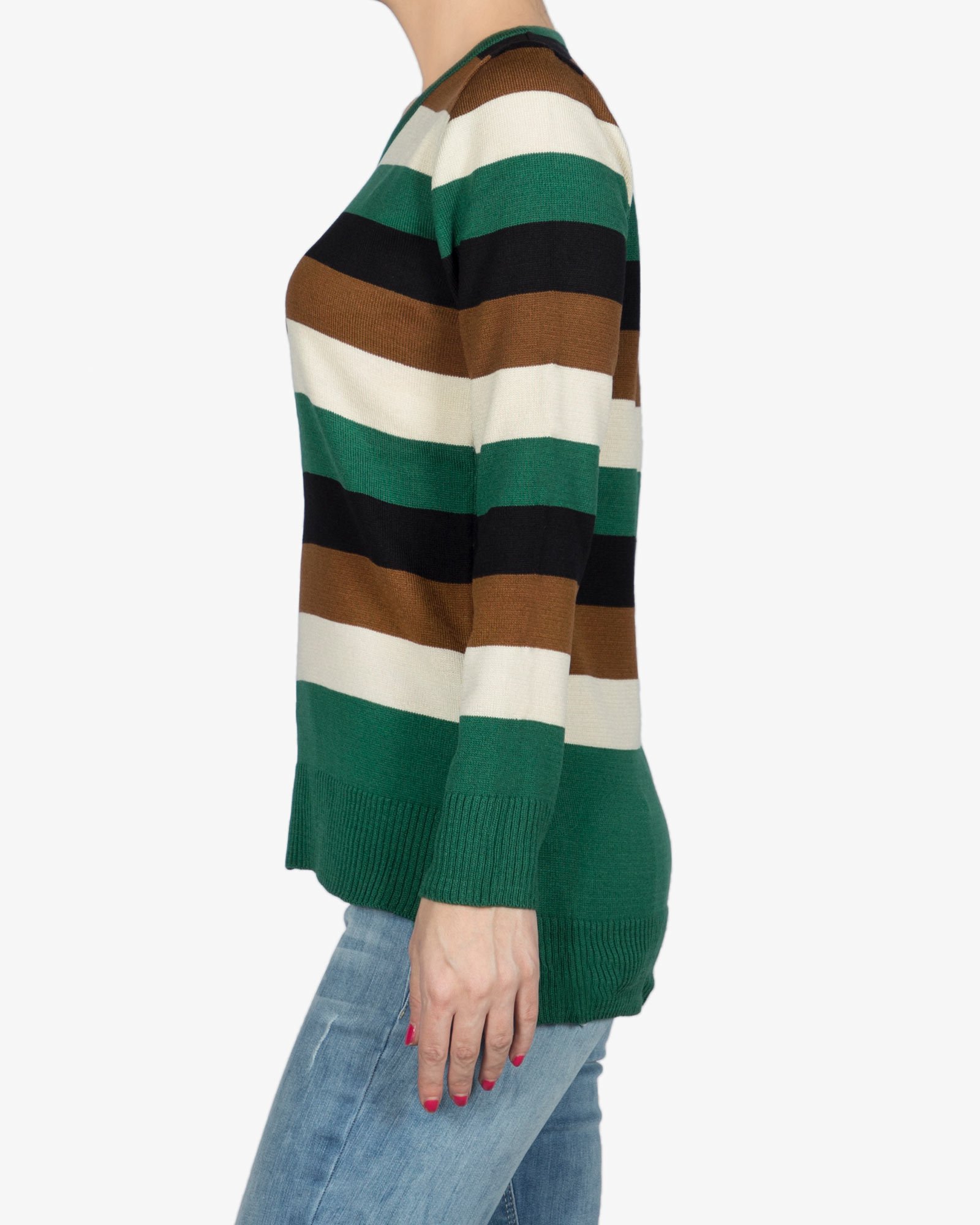 بلوز بافت زنانه راه راه یقه گرد - سبز تیره - بغل