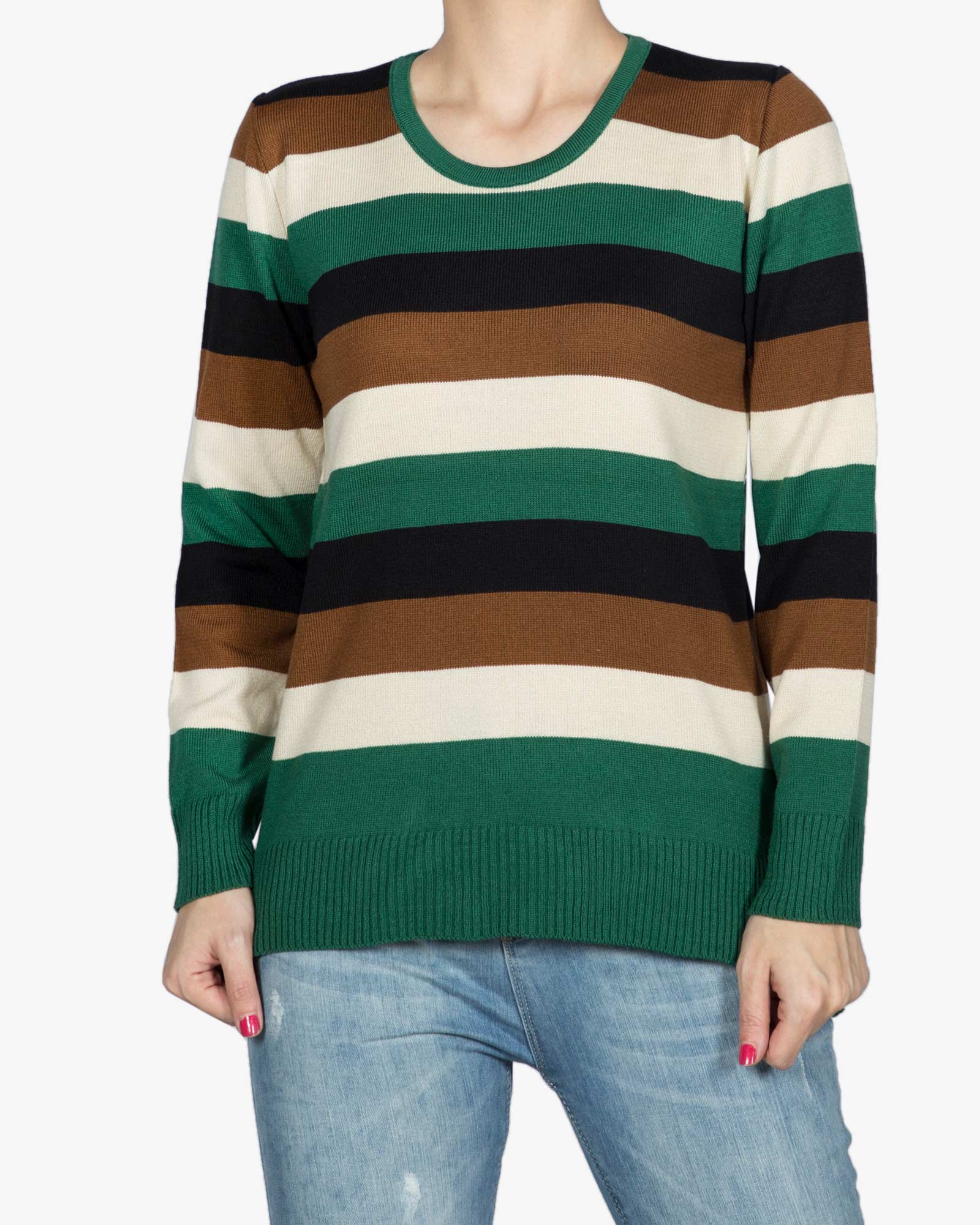 بلوز بافت زنانه راه راه یقه گرد - سبز تیره - رو به رو