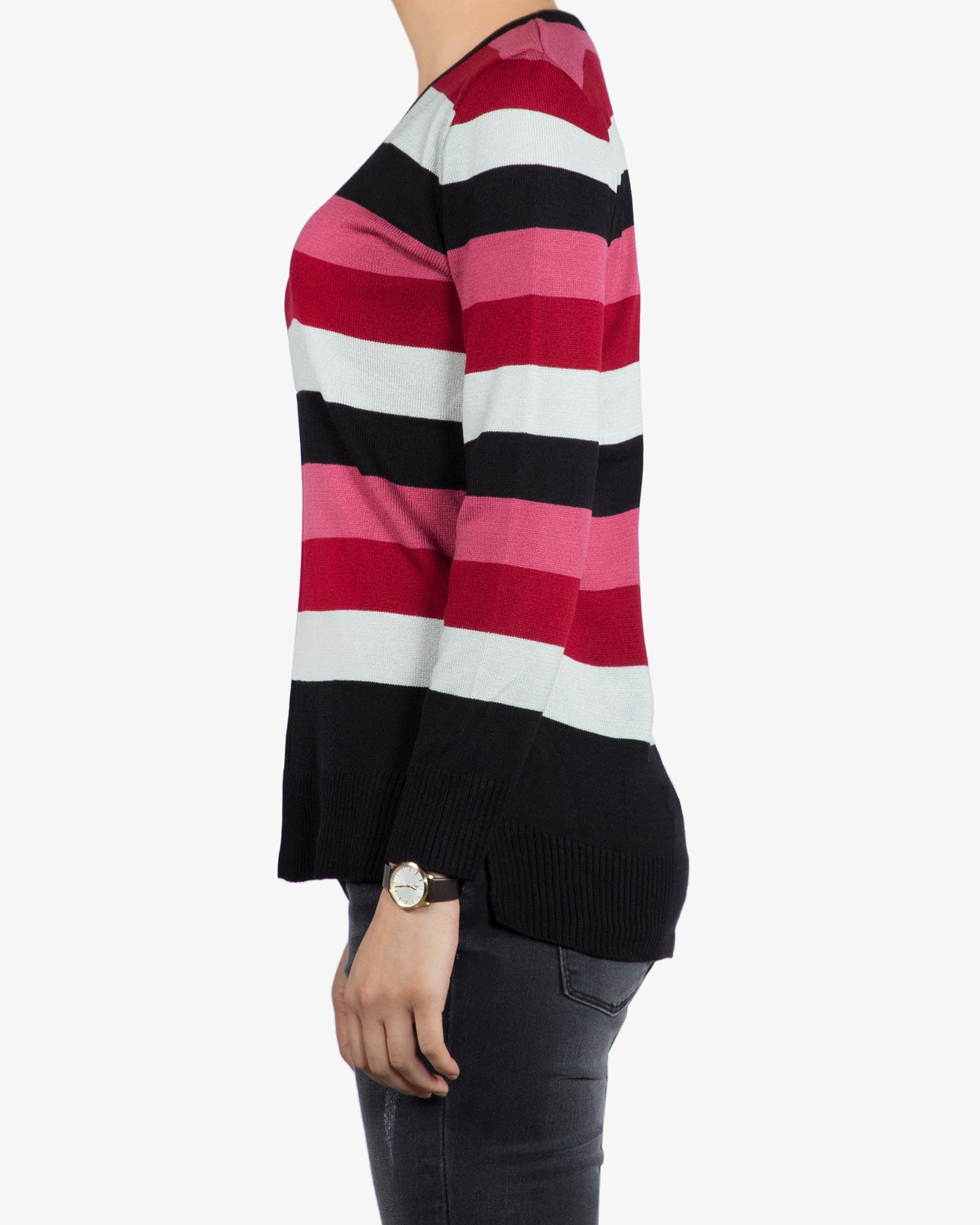 بلوز بافت زنانه راه راه یقه گرد - مشکی - بغل