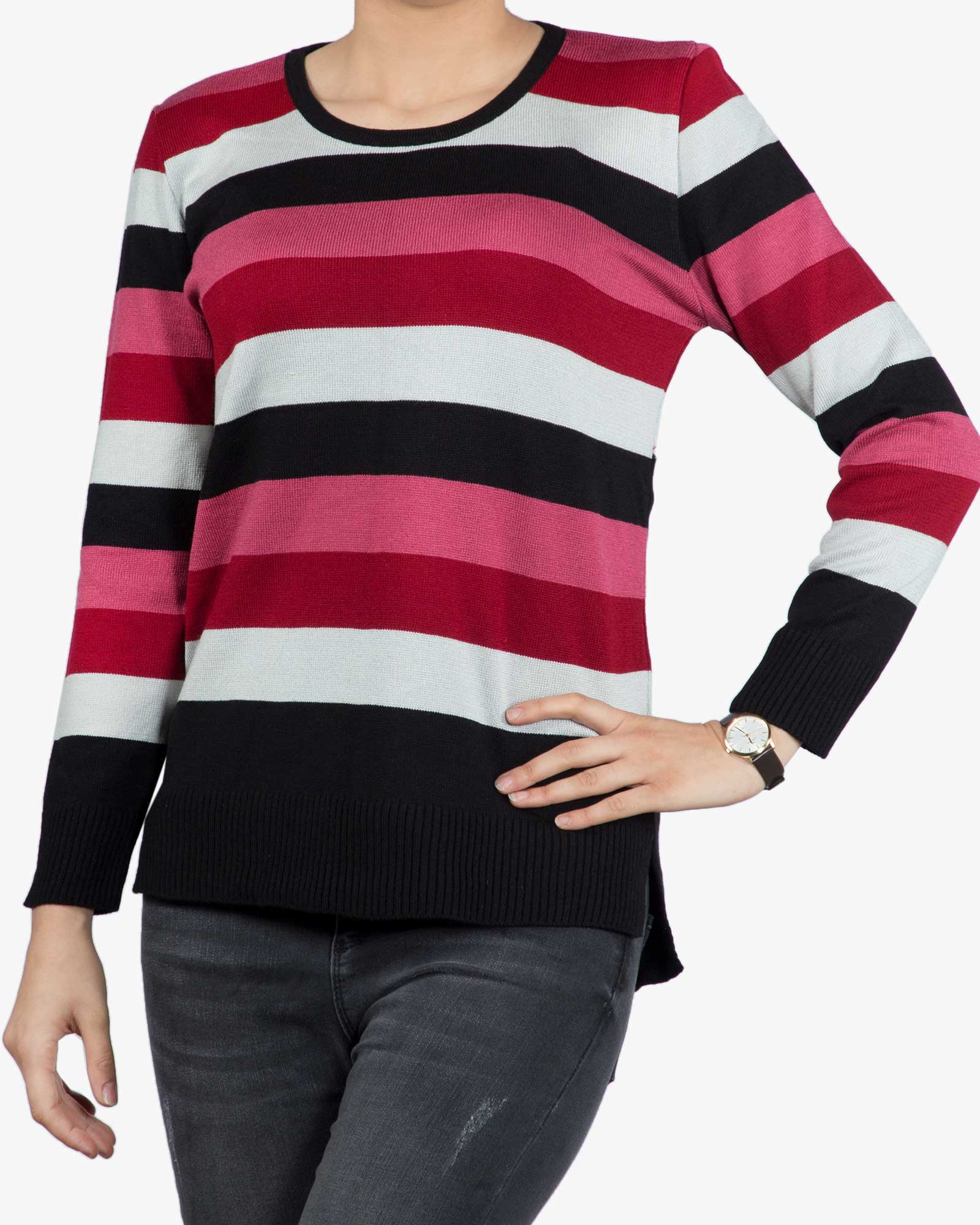 بلوز بافت زنانه راه راه یقه گرد - مشکی - رو به رو