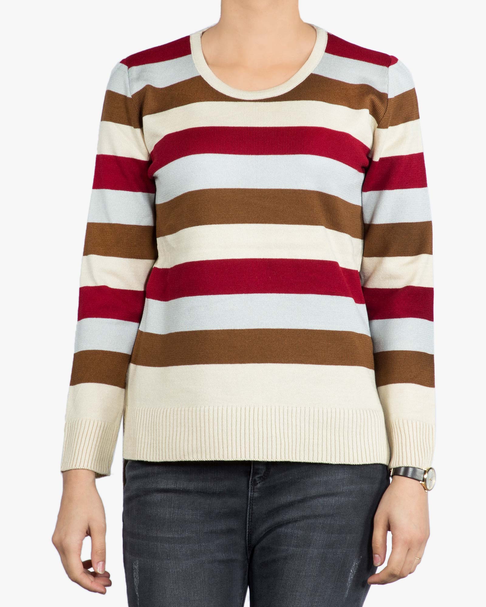 بلوز بافت زنانه راه راه یقه گرد - کرم - رو به رو