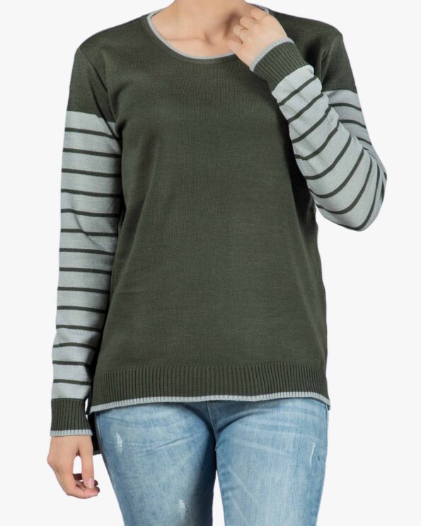 بلوز بافت زنانه سبز آستین راه راه - سبز تیره - رو به رو