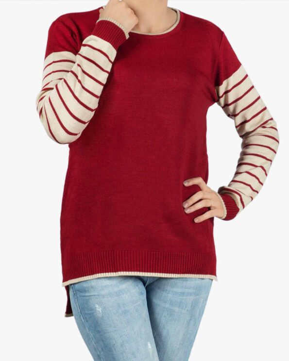 بلوز بافت زنانه قرمز آستین راه راه - شرابی - رو به رو