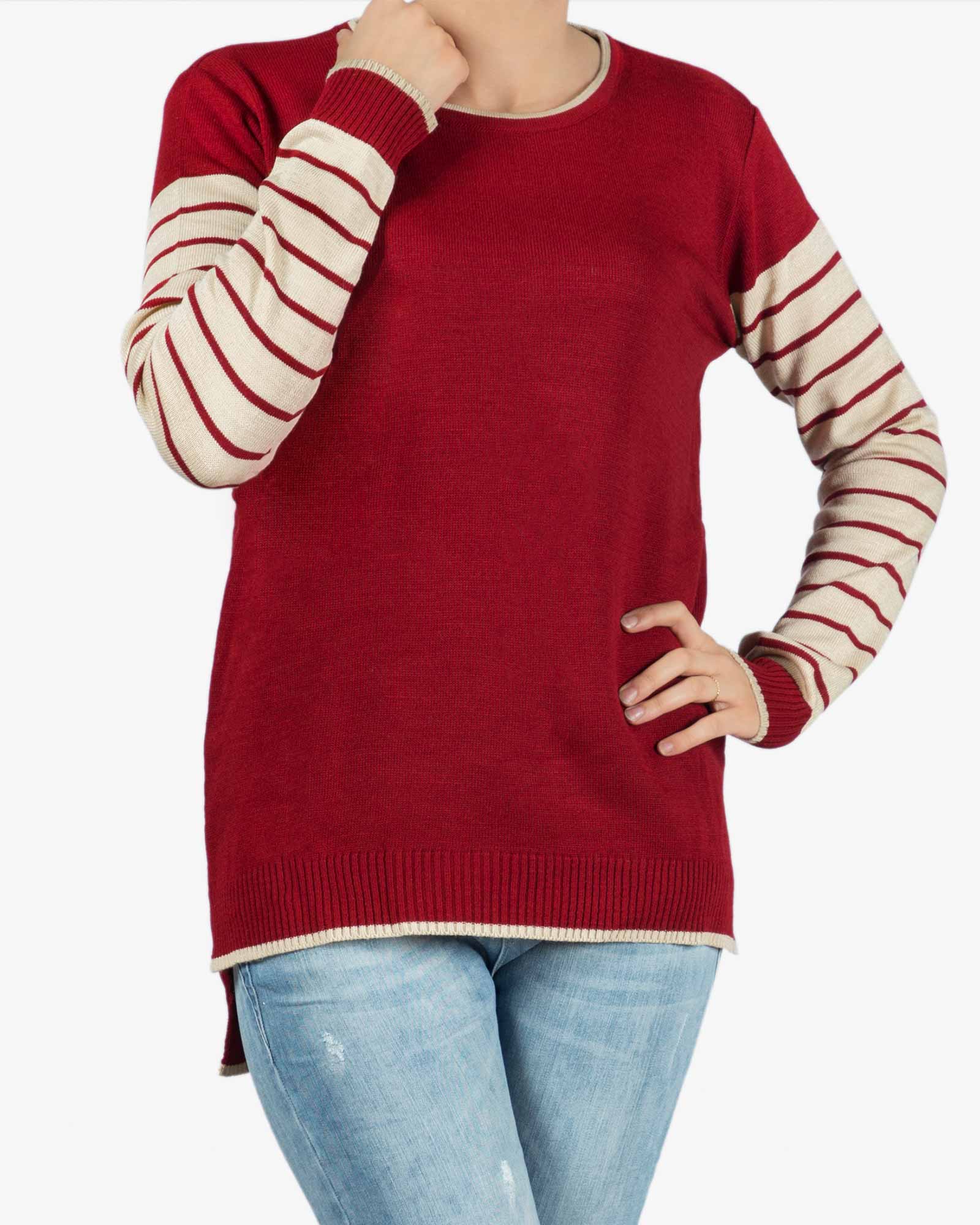 بلوز بافت زنانه قرمز آستین راه راه - شرابی - رو به رو