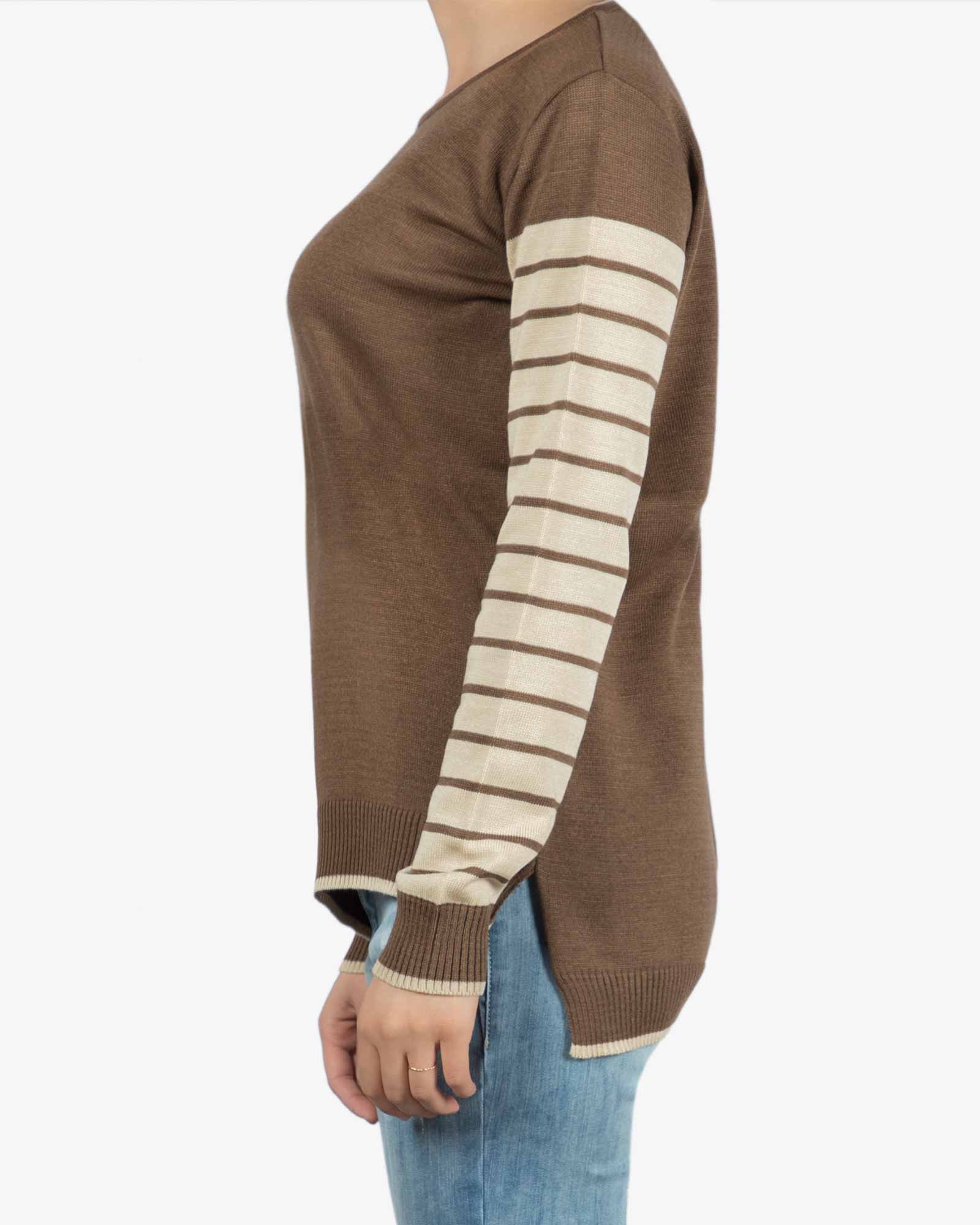 بلوز بافت زنانه کرم قهوه ای آستین راه راه - بادامی - بغل