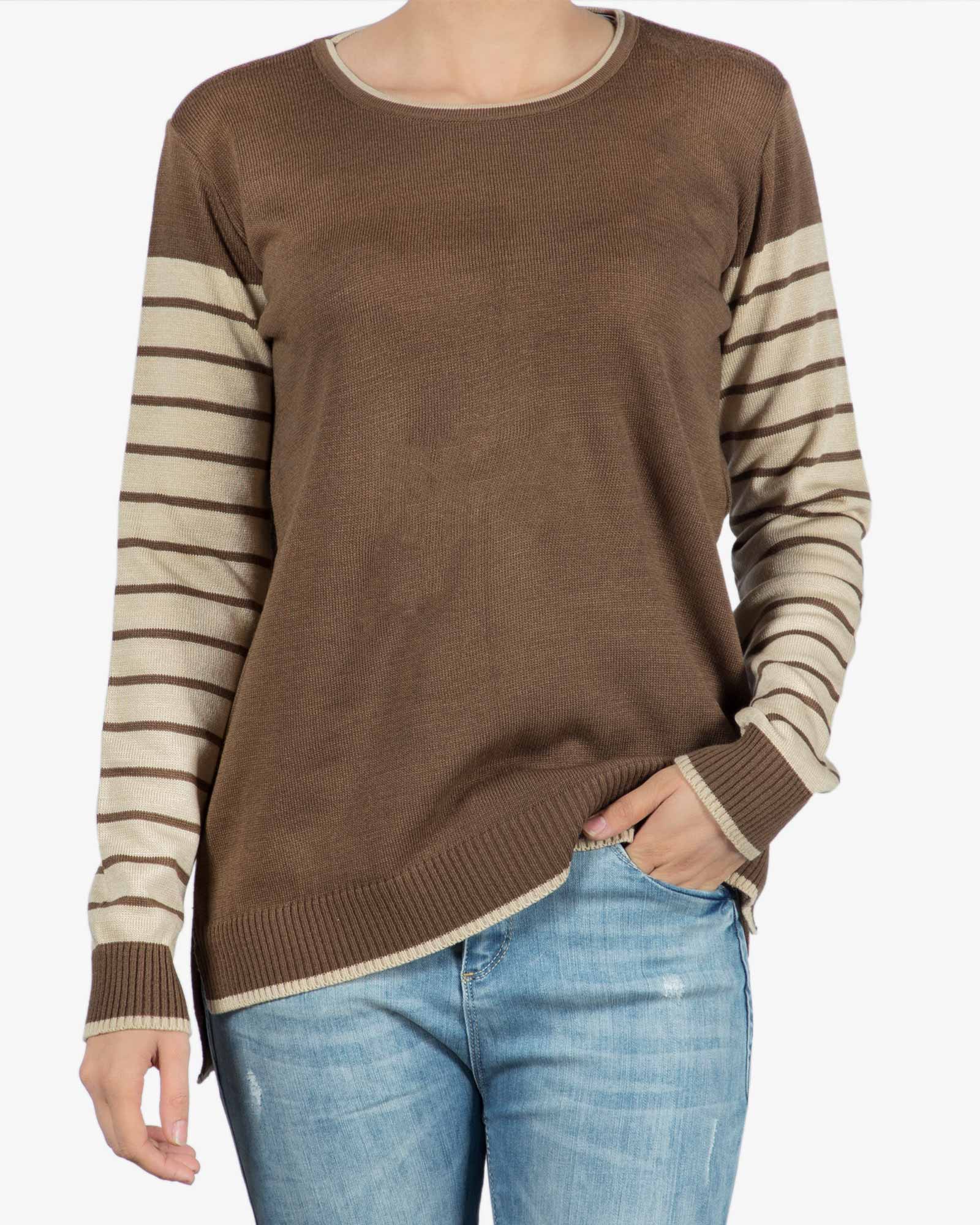 بلوز بافت زنانه کرم قهوه ای آستین راه راه - بادامی - رو به رو