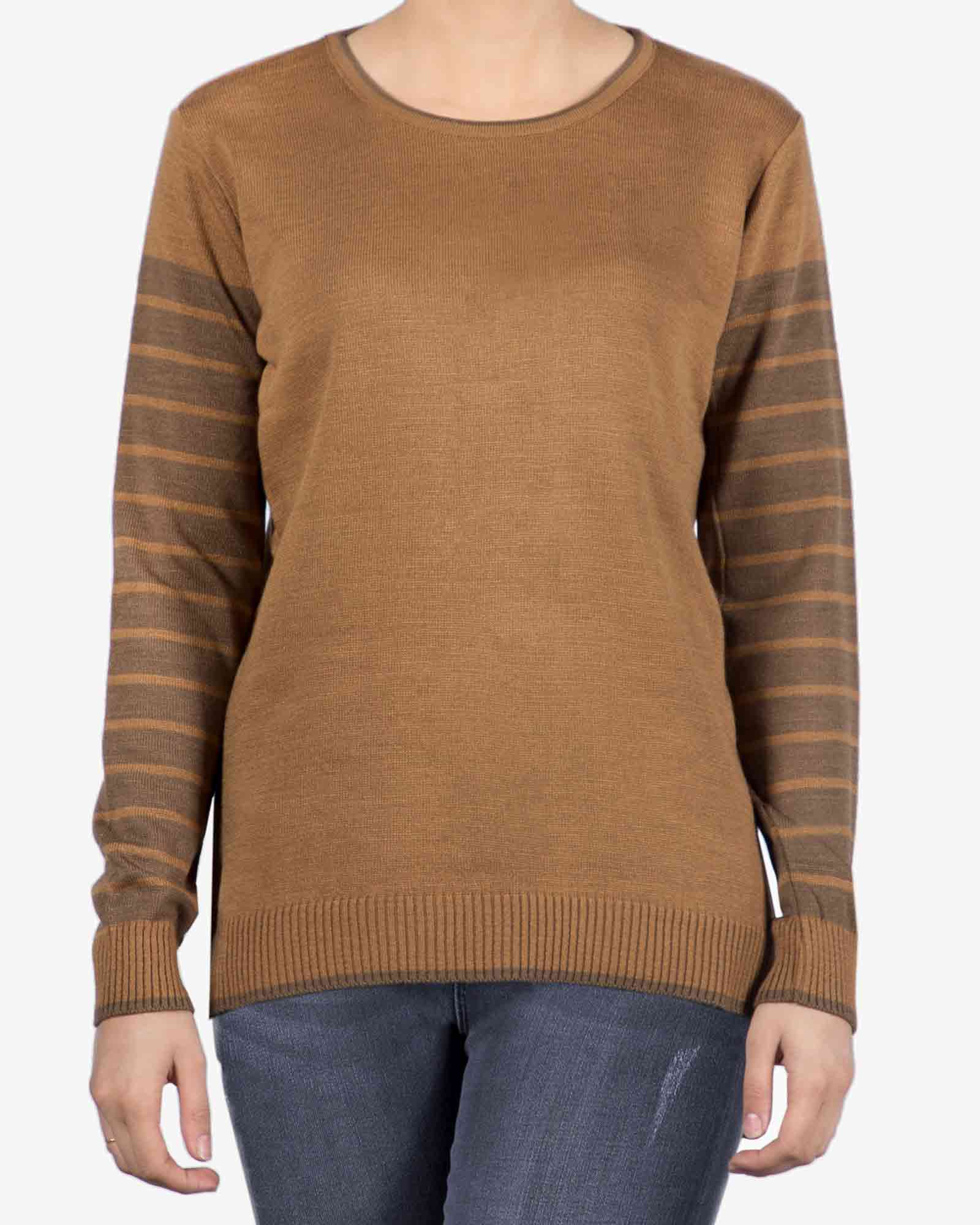 بلوز بافت زنانه کرم قهوه ای آستین راه راه - قهوه‌ای روشن