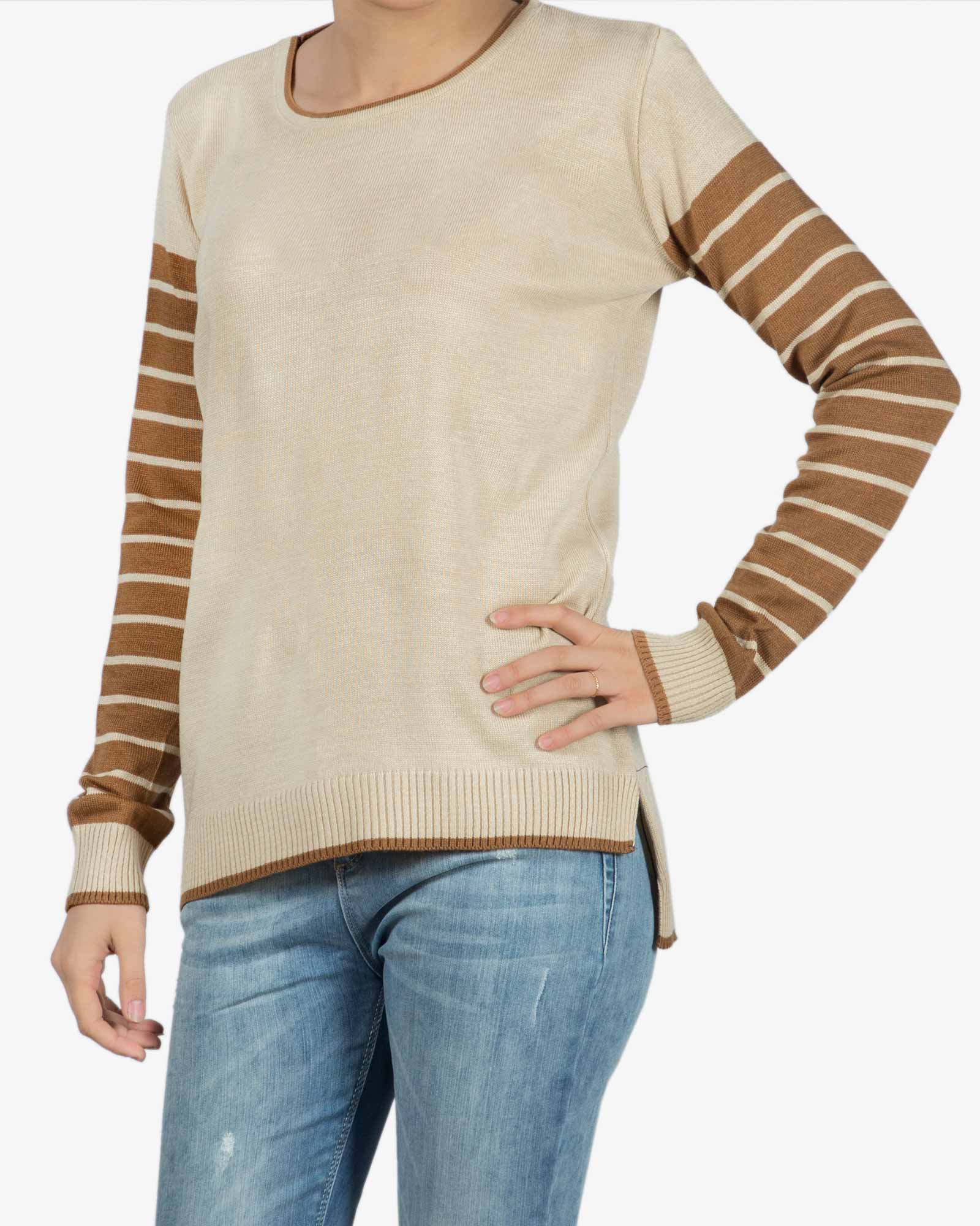 بلوز بافت زنانه کرم قهوه ای آستین راه راه - کرم - رو به رو