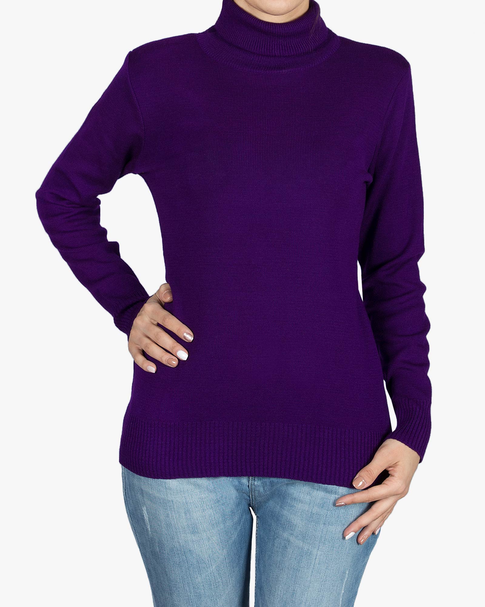 بلوز یقه اسکی بافت زنانه ساده - بنفش - رو به رو