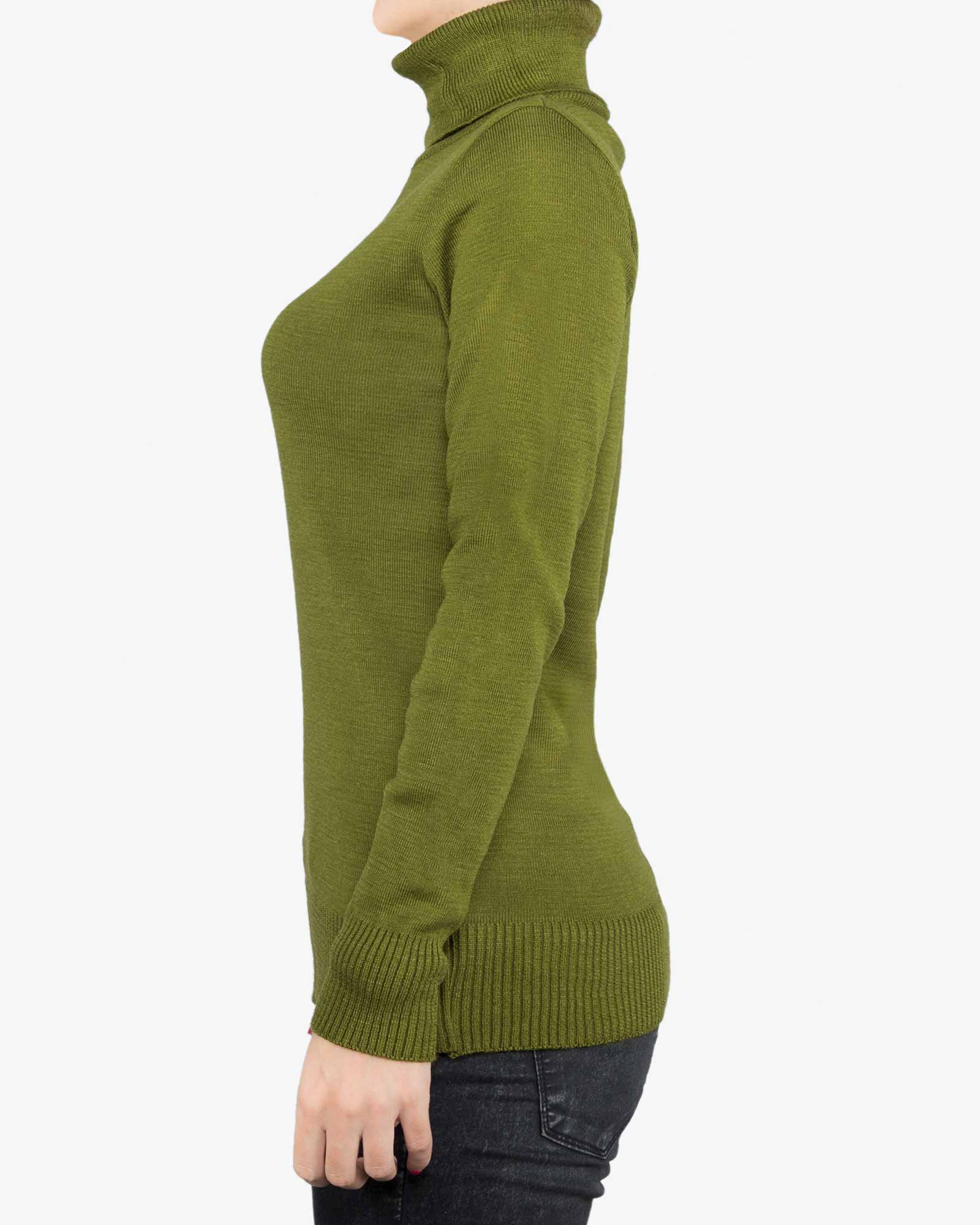 بلوز یقه اسکی بافت زنانه ساده - زیتونی سیر - بغل