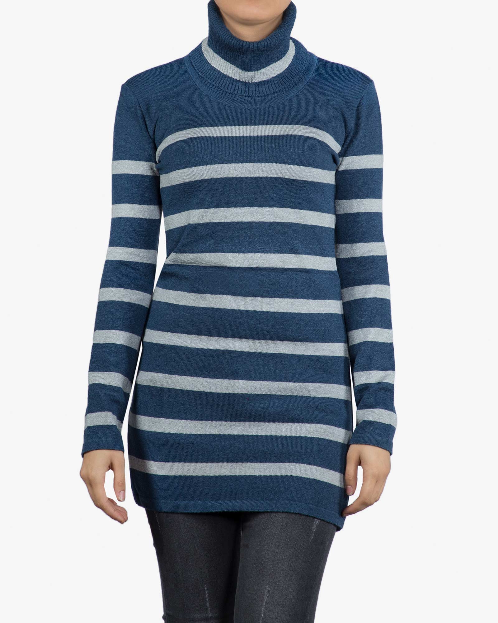 تونیک دخترانه بافت یقه اسکی راه راه - آبی نفتی - رو به رو