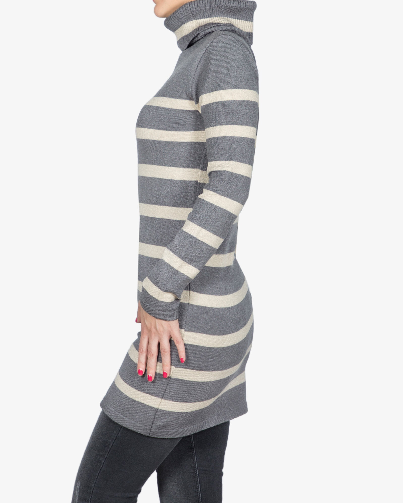 تونیک دخترانه بافت یقه اسکی راه راه - سربی - بغل