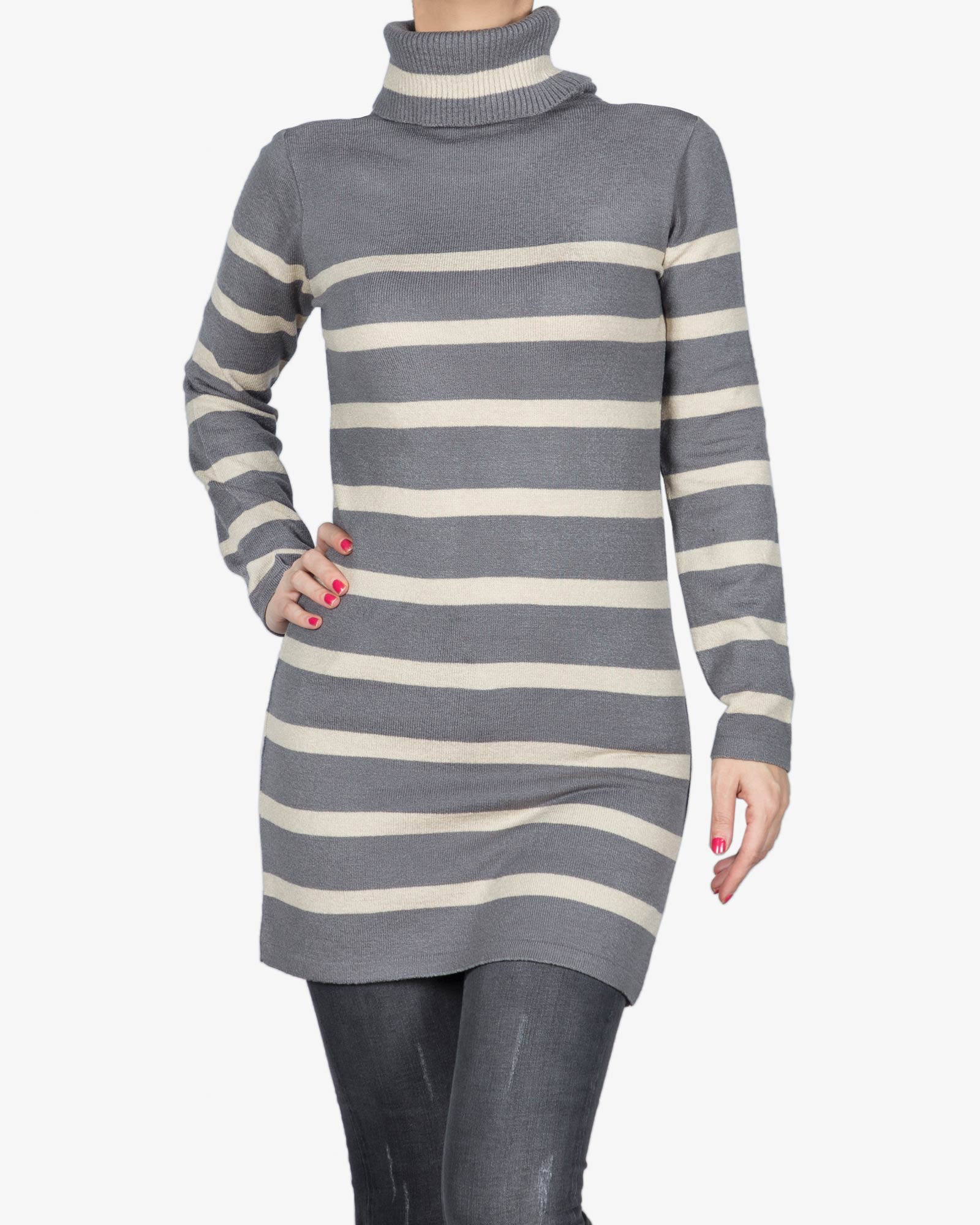 تونیک دخترانه بافت یقه اسکی راه راه - سربی - رو به رو