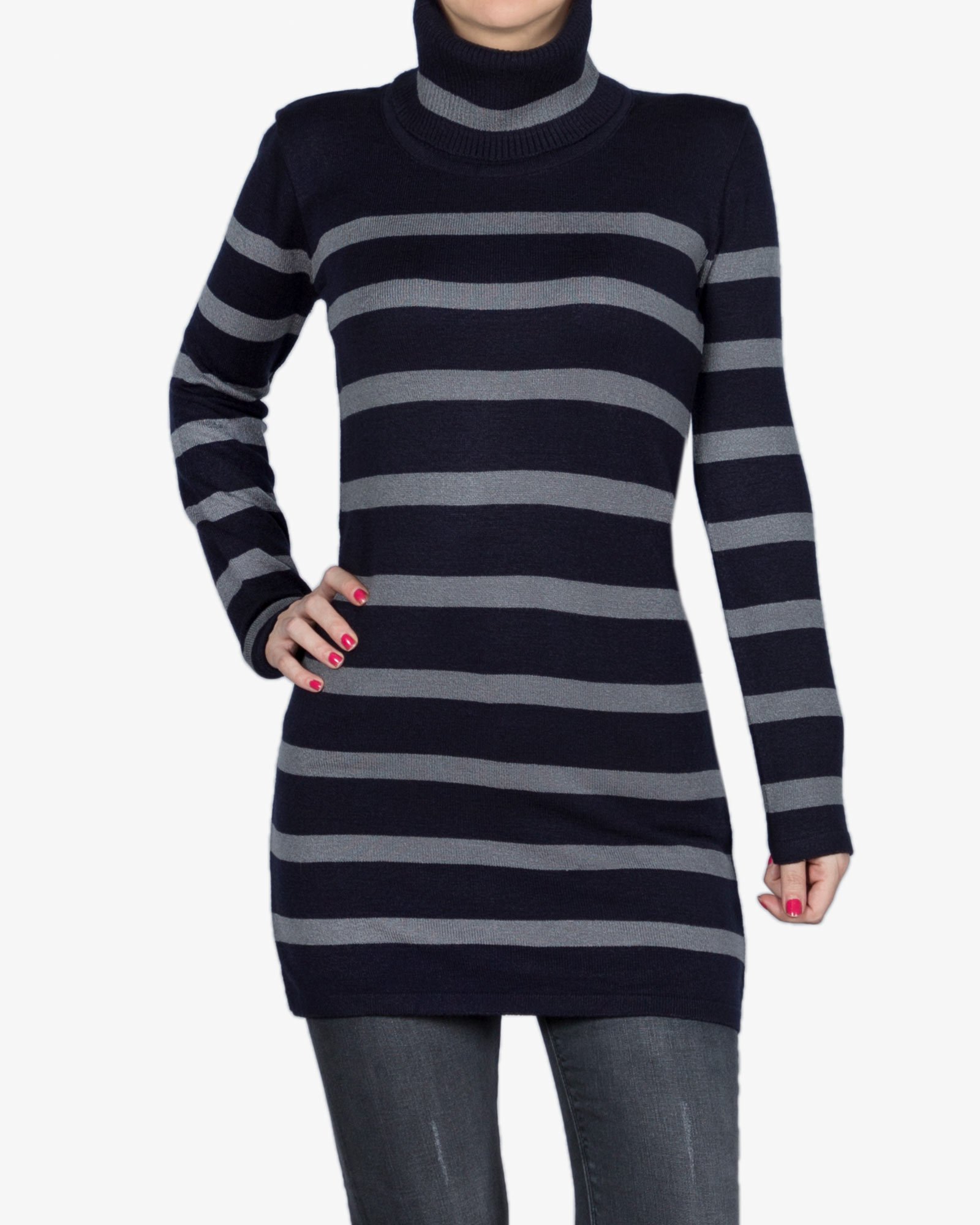 تونیک دخترانه بافت یقه اسکی راه راه - سرمه ای تیره - رو به رو