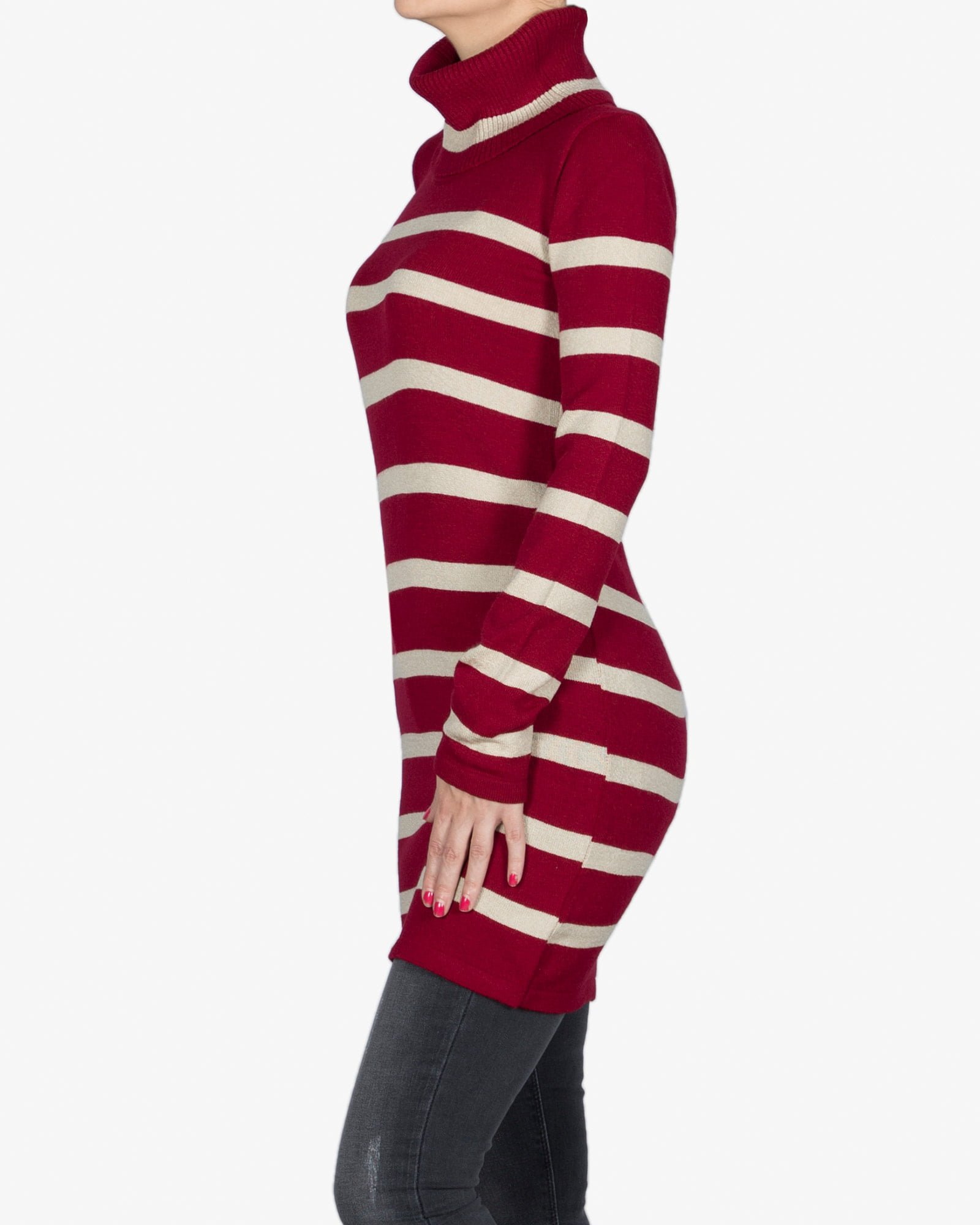 تونیک دخترانه بافت یقه اسکی راه راه - شرابی - بغل