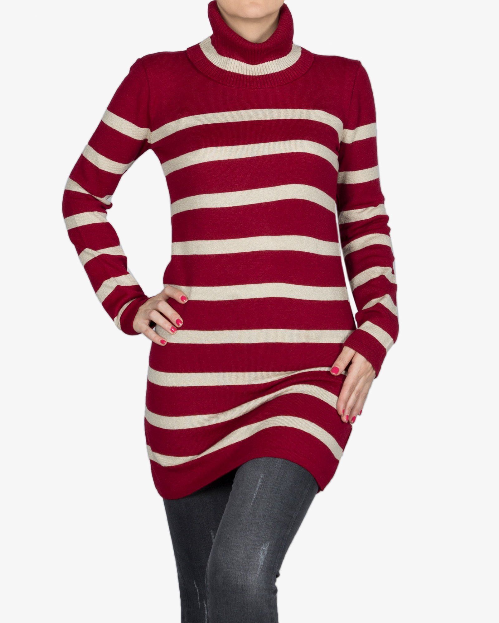 تونیک دخترانه بافت یقه اسکی راه راه - شرابی - رو به رو