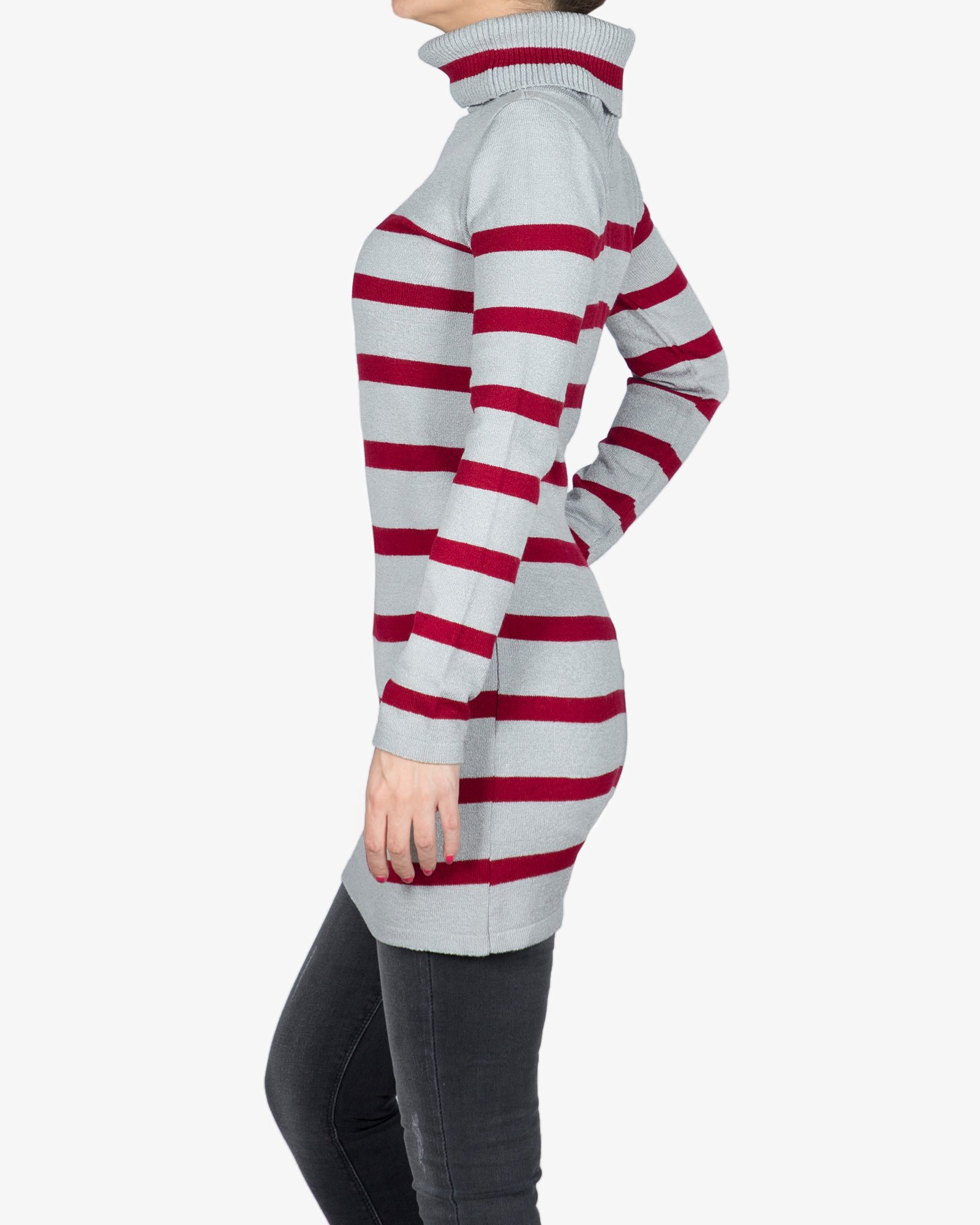 تونیک دخترانه بافت یقه اسکی راه راه - طوسی - بغل