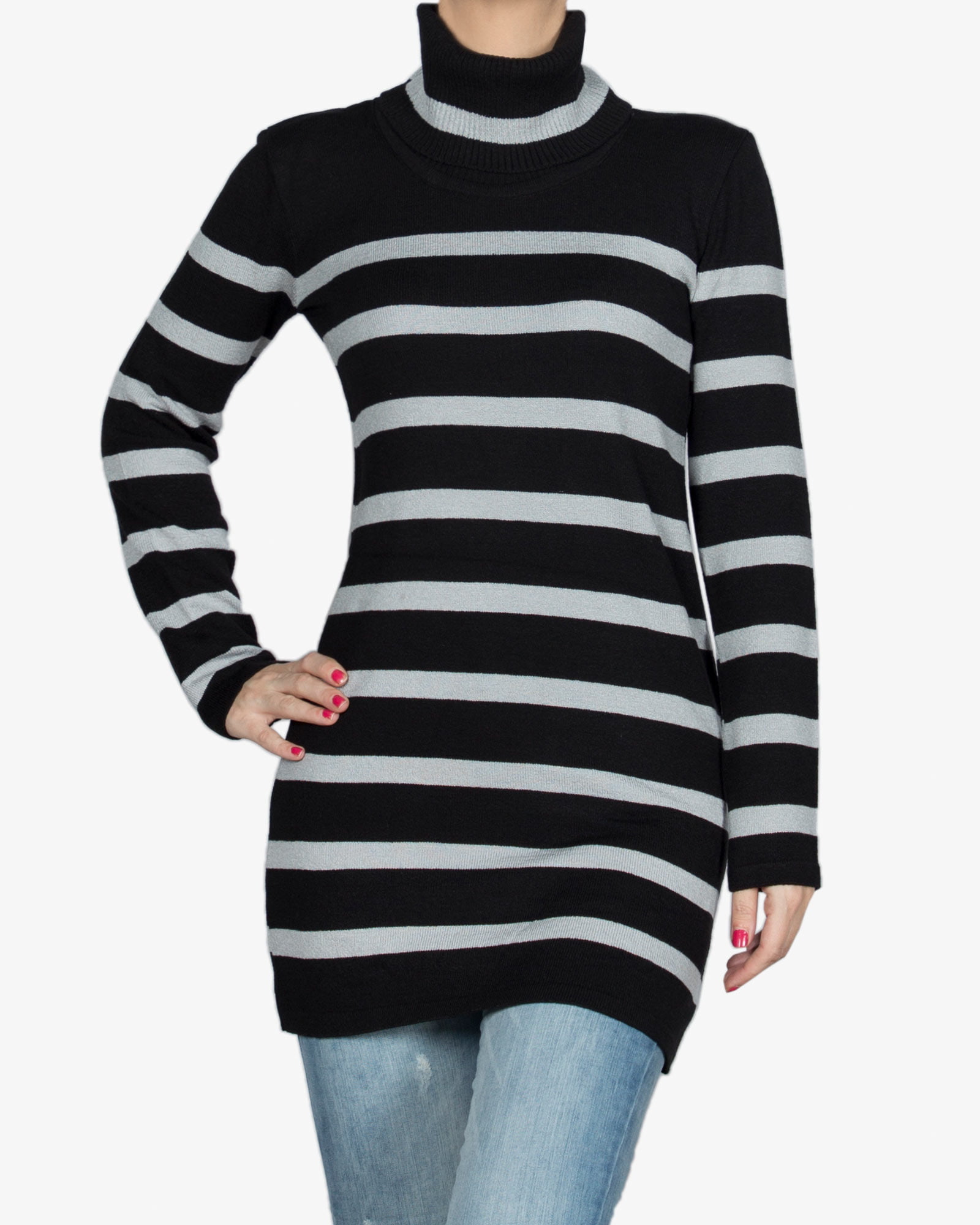 تونیک دخترانه بافت یقه اسکی راه راه - مشکی - رو به رو