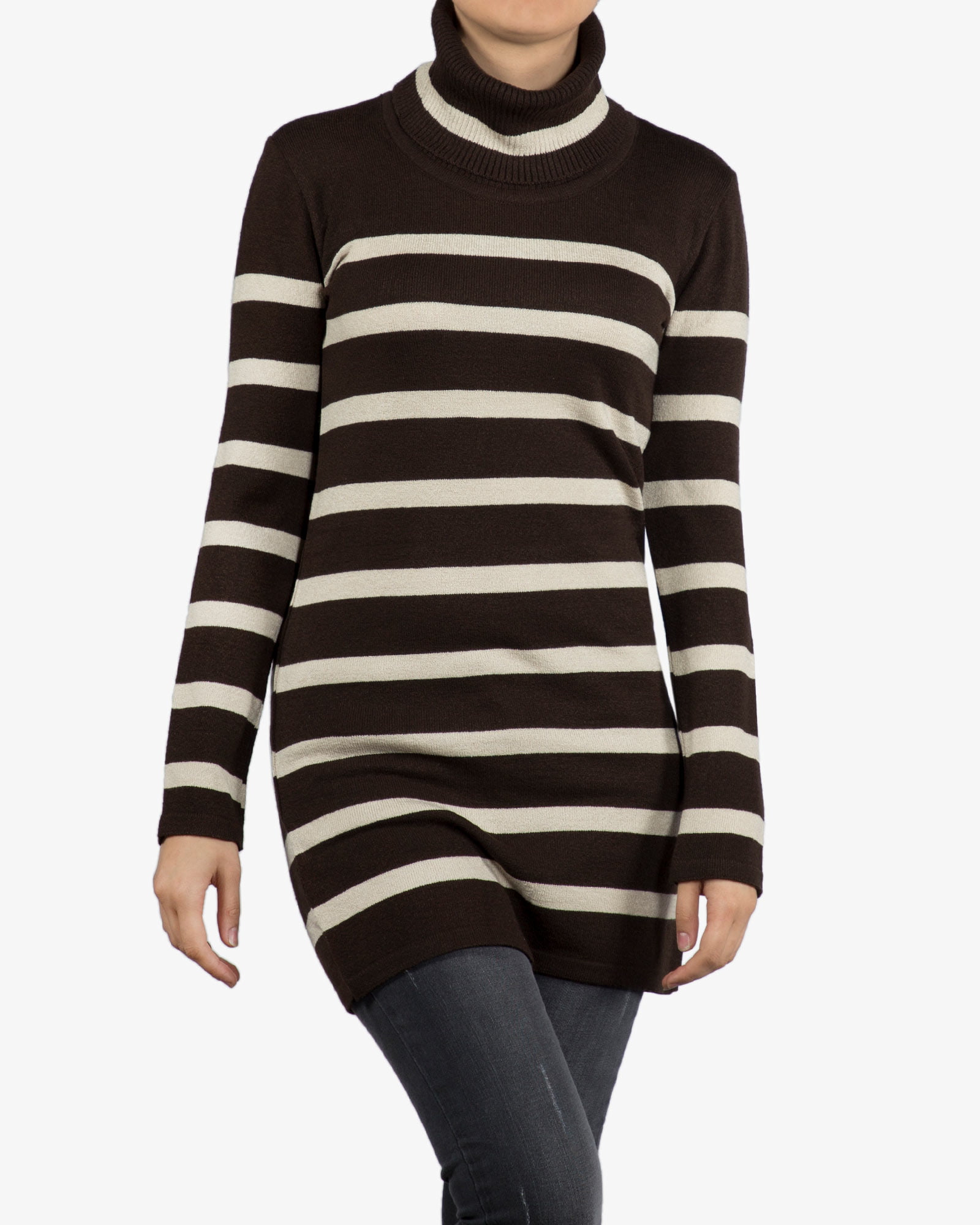 تونیک دخترانه بافت یقه اسکی راه راه - کاکائویی - رو به رو